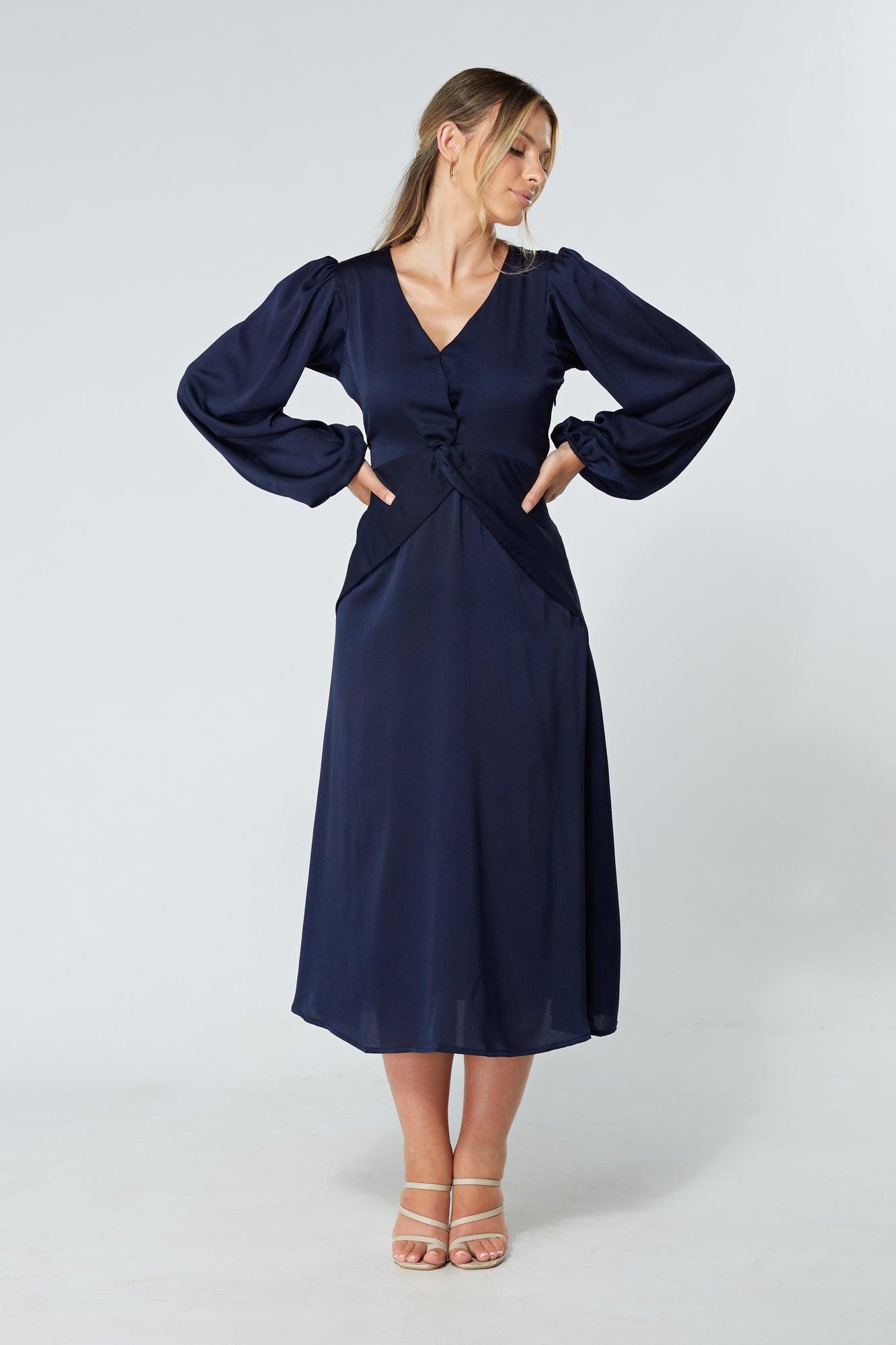 Calissa Navy Satin-feel Folded Body Midaxi Dress - TAHLIRA