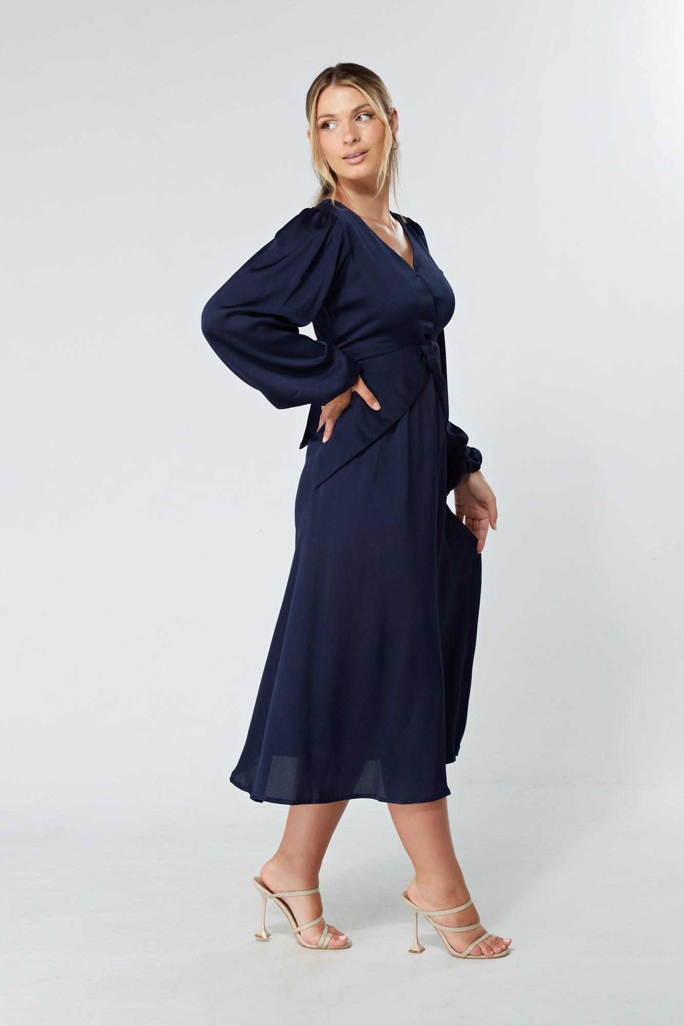 Calissa Navy Satin-feel Folded Body Midaxi Dress - TAHLIRA