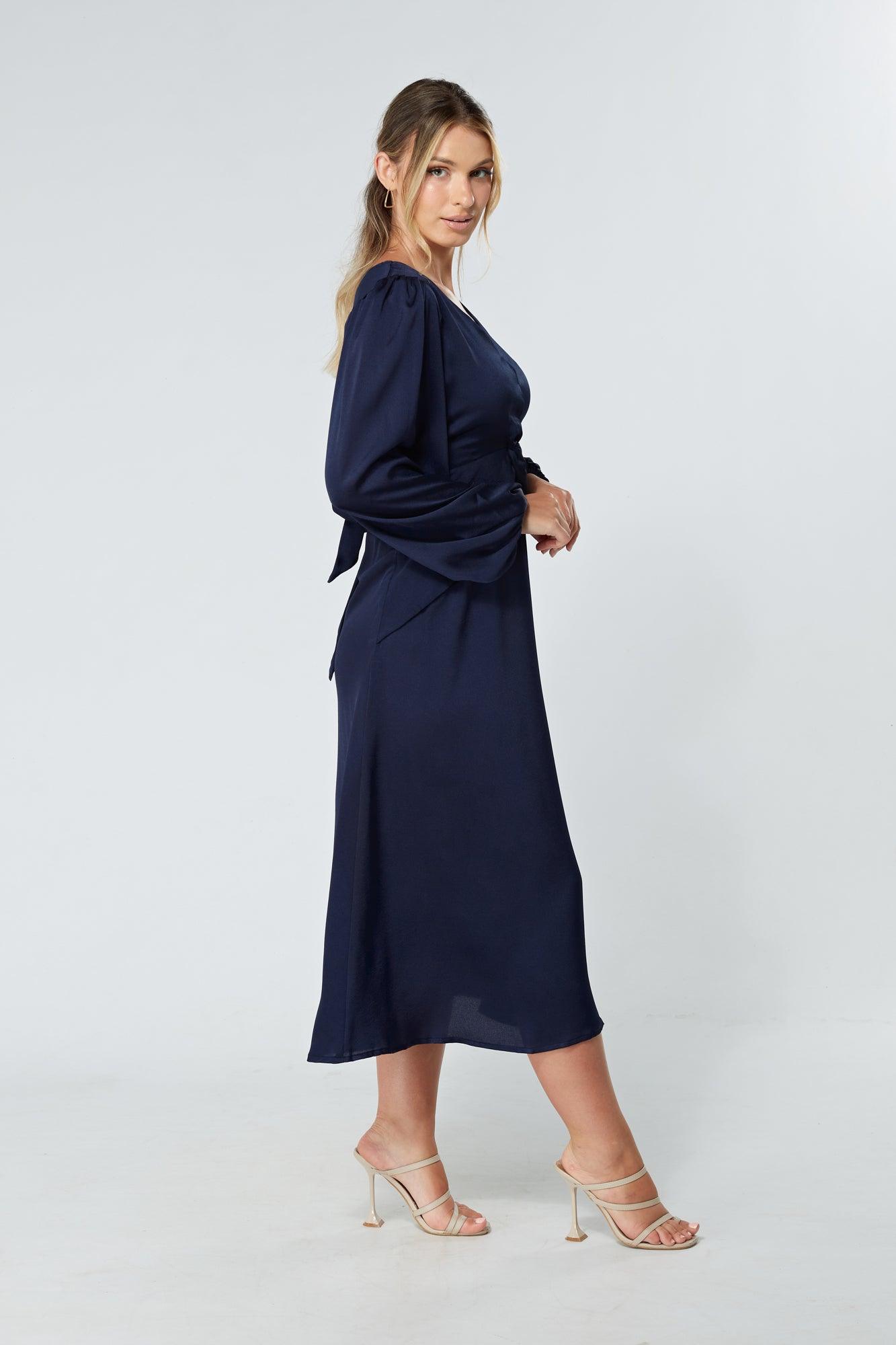 Calissa Navy Satin-feel Folded Body Midaxi Dress - TAHLIRA