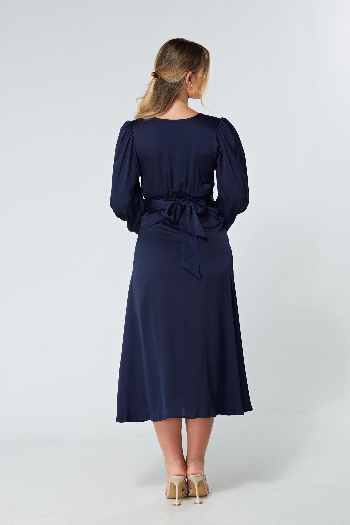 Calissa Navy Satin-feel Folded Body Midaxi Dress - TAHLIRA