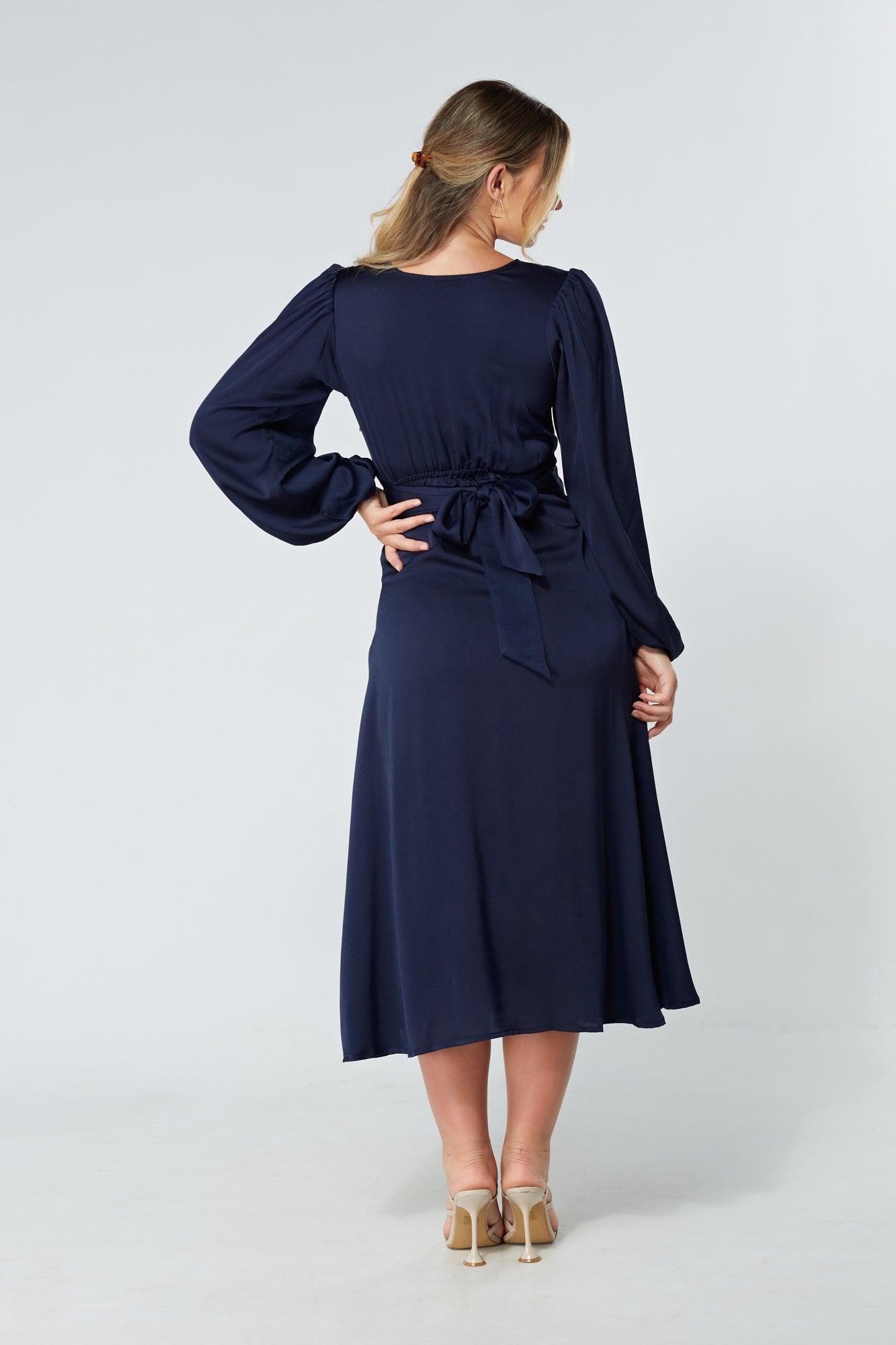 Calissa Navy Satin-feel Folded Body Midaxi Dress - TAHLIRA