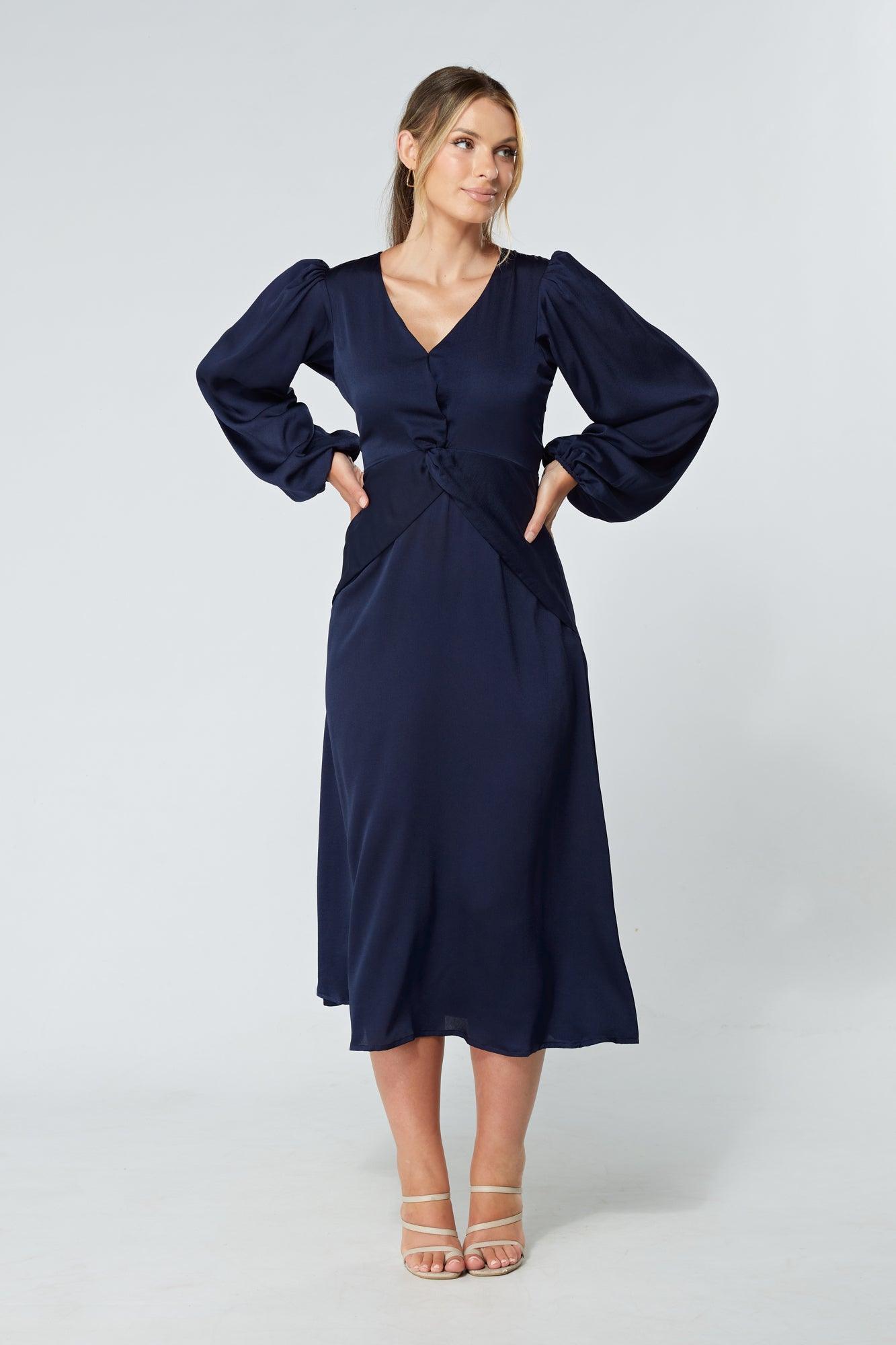 Calissa Navy Satin-feel Folded Body Midaxi Dress - TAHLIRA