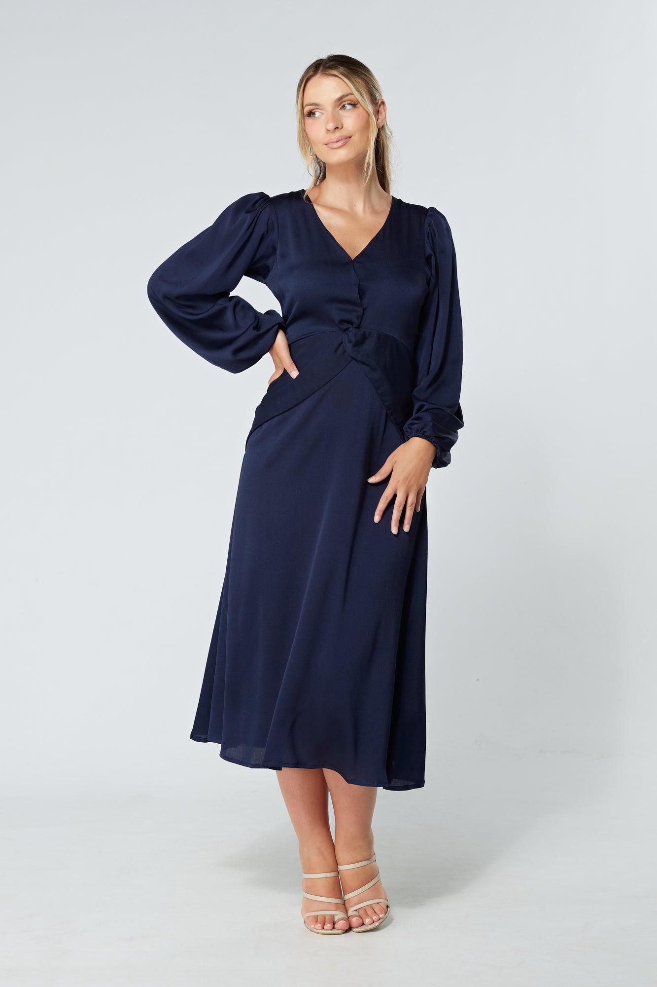 Calissa Navy Satin-feel Folded Body Midaxi Dress - TAHLIRA