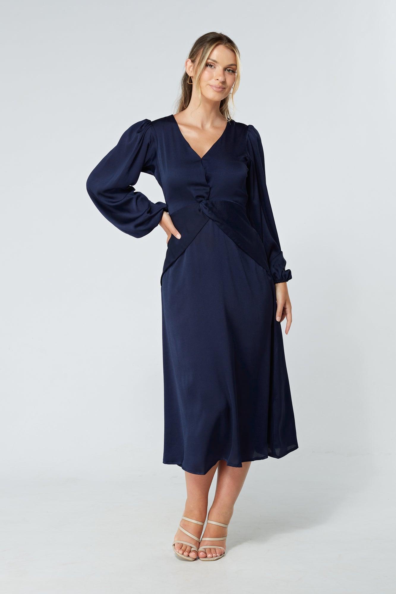 Calissa Navy Satin-feel Folded Body Midaxi Dress - TAHLIRA