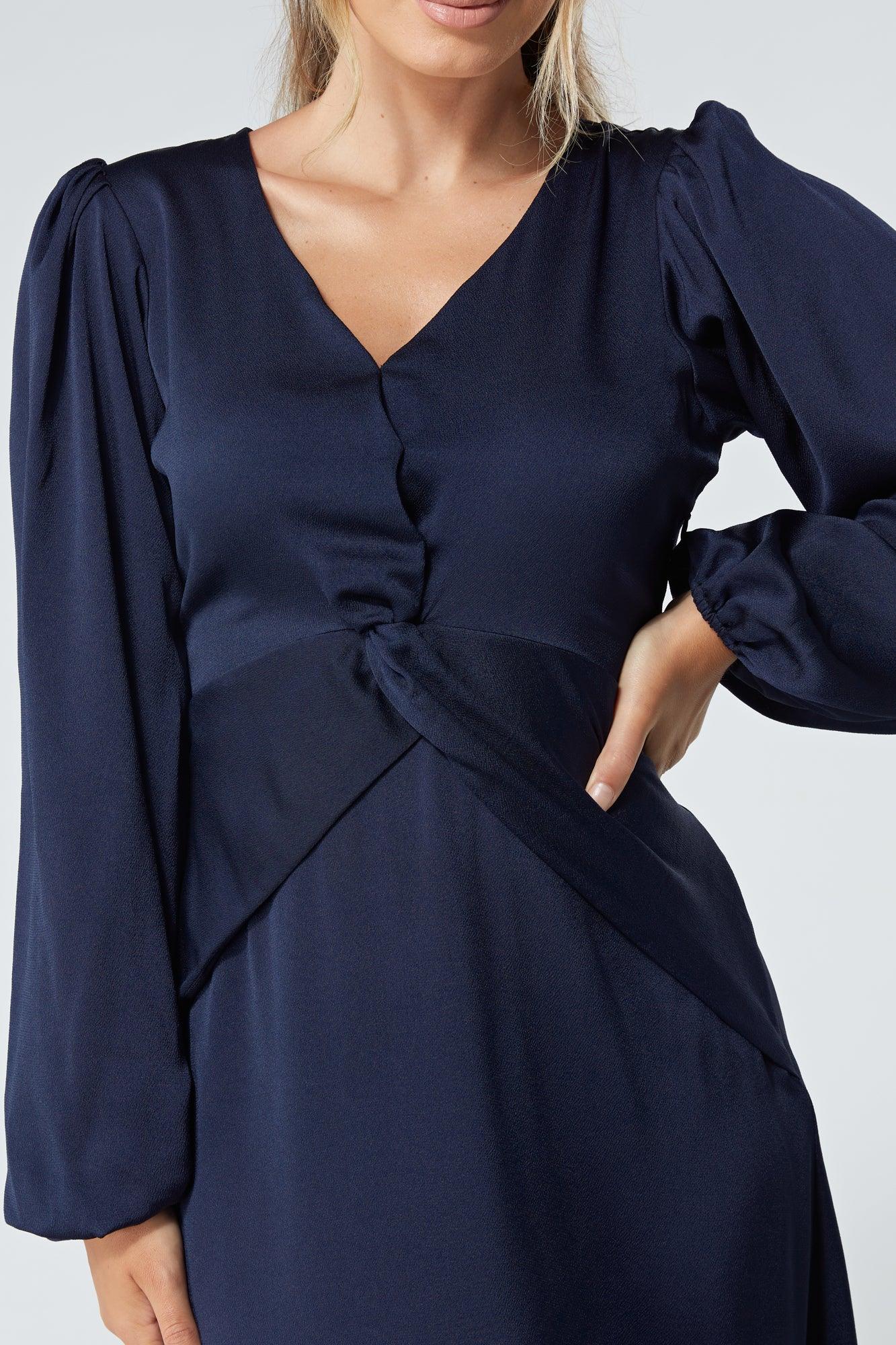 Calissa Navy Satin-feel Folded Body Midaxi Dress - TAHLIRA