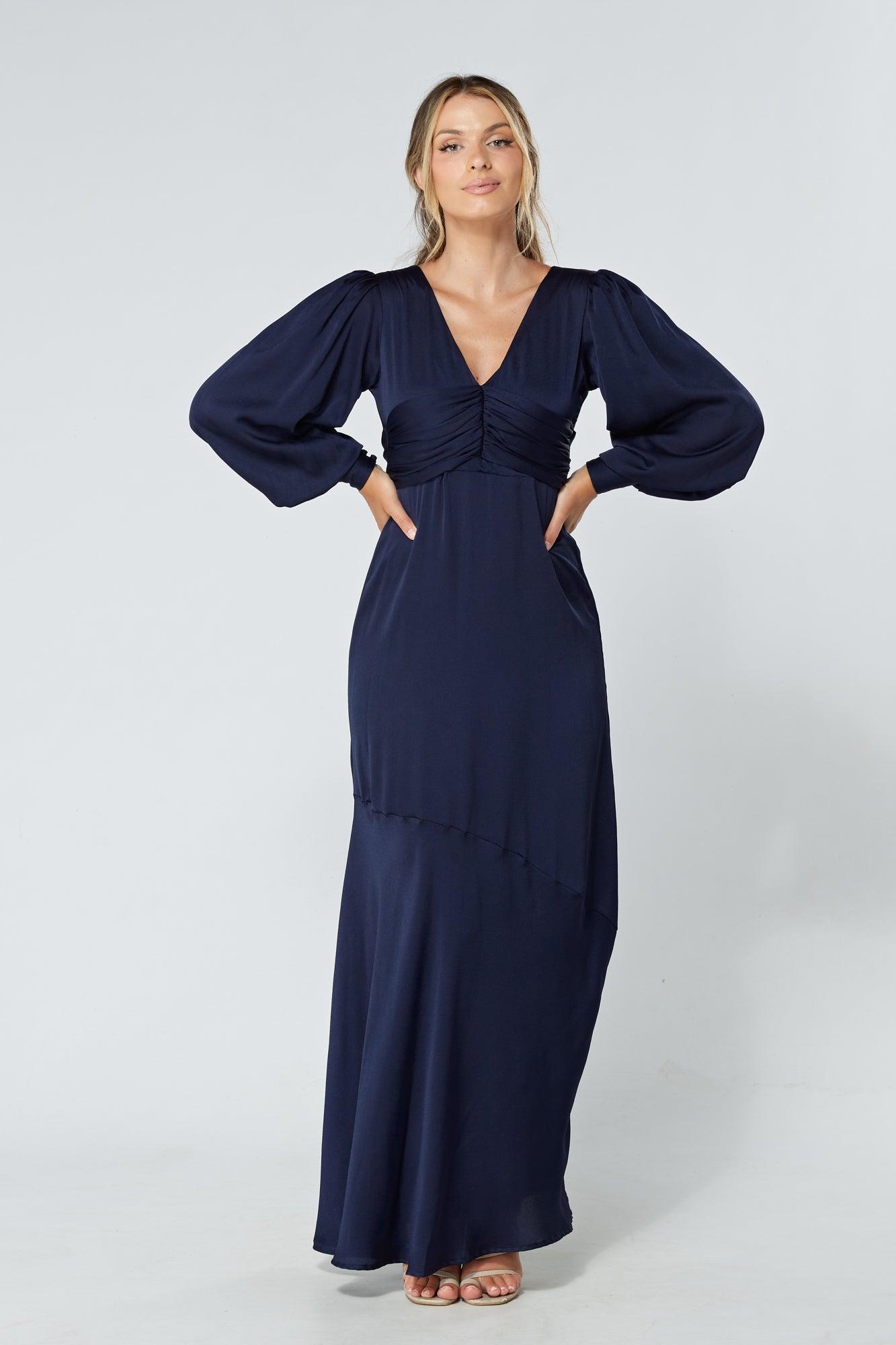 Naomi Navy Light Satin-Crepe Maxi Dress With Long Sleeves - TAHLIRA