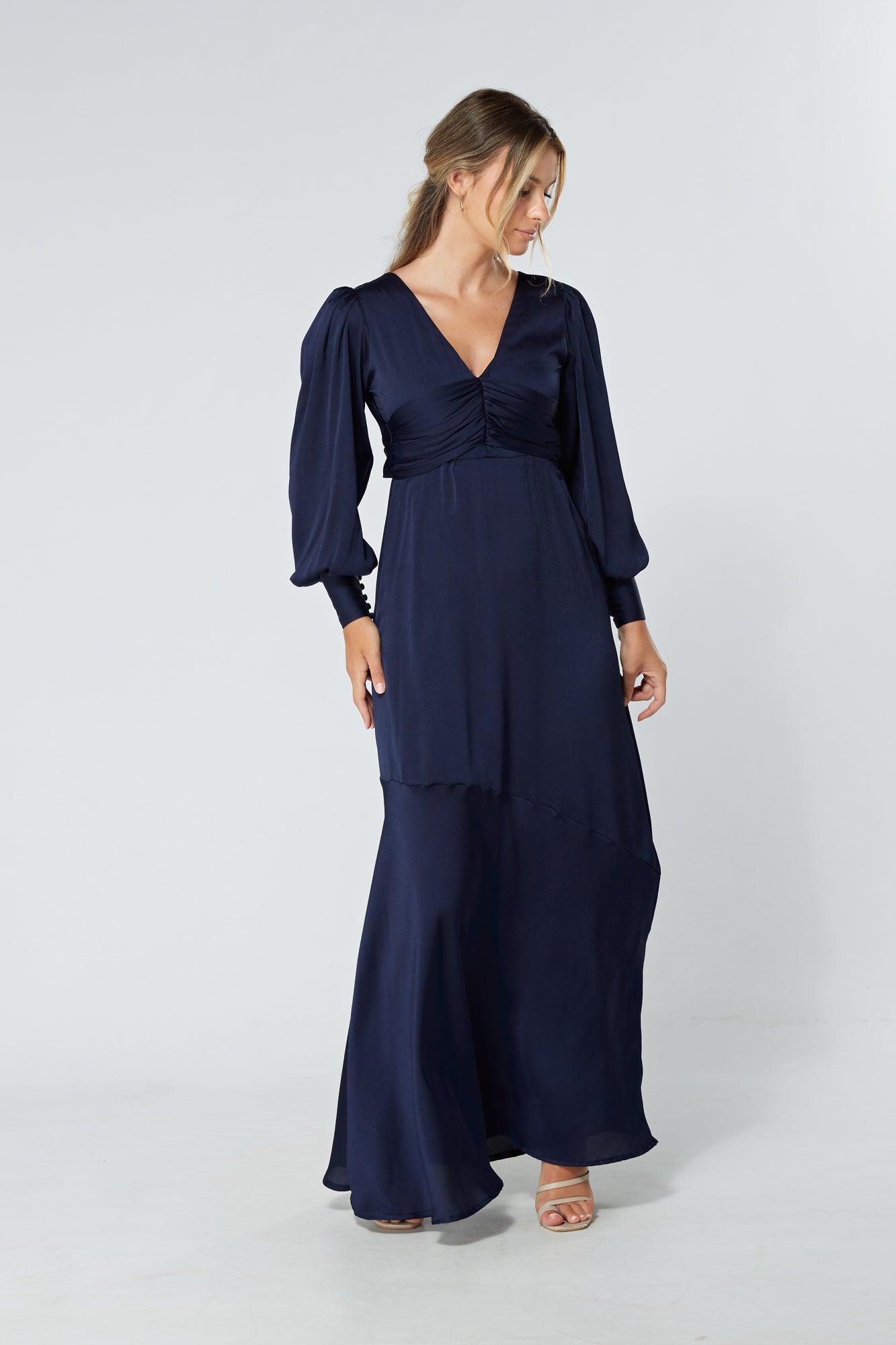 Naomi Navy Light Satin-Crepe Maxi Dress With Long Sleeves - TAHLIRA