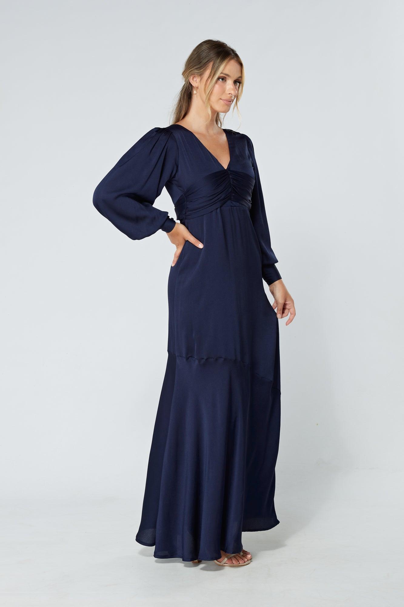 Naomi Navy Light Satin-Crepe Maxi Dress With Long Sleeves - TAHLIRA