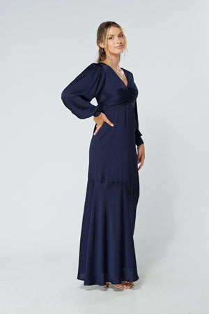 Naomi Navy Light Satin-Crepe Maxi Dress With Long Sleeves - TAHLIRA