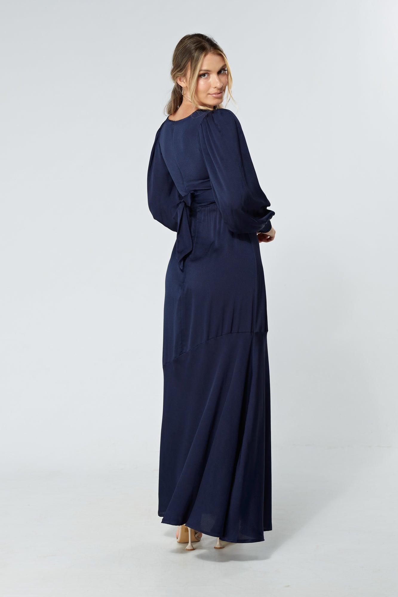 Naomi Navy Light Satin-Crepe Maxi Dress With Long Sleeves - TAHLIRA