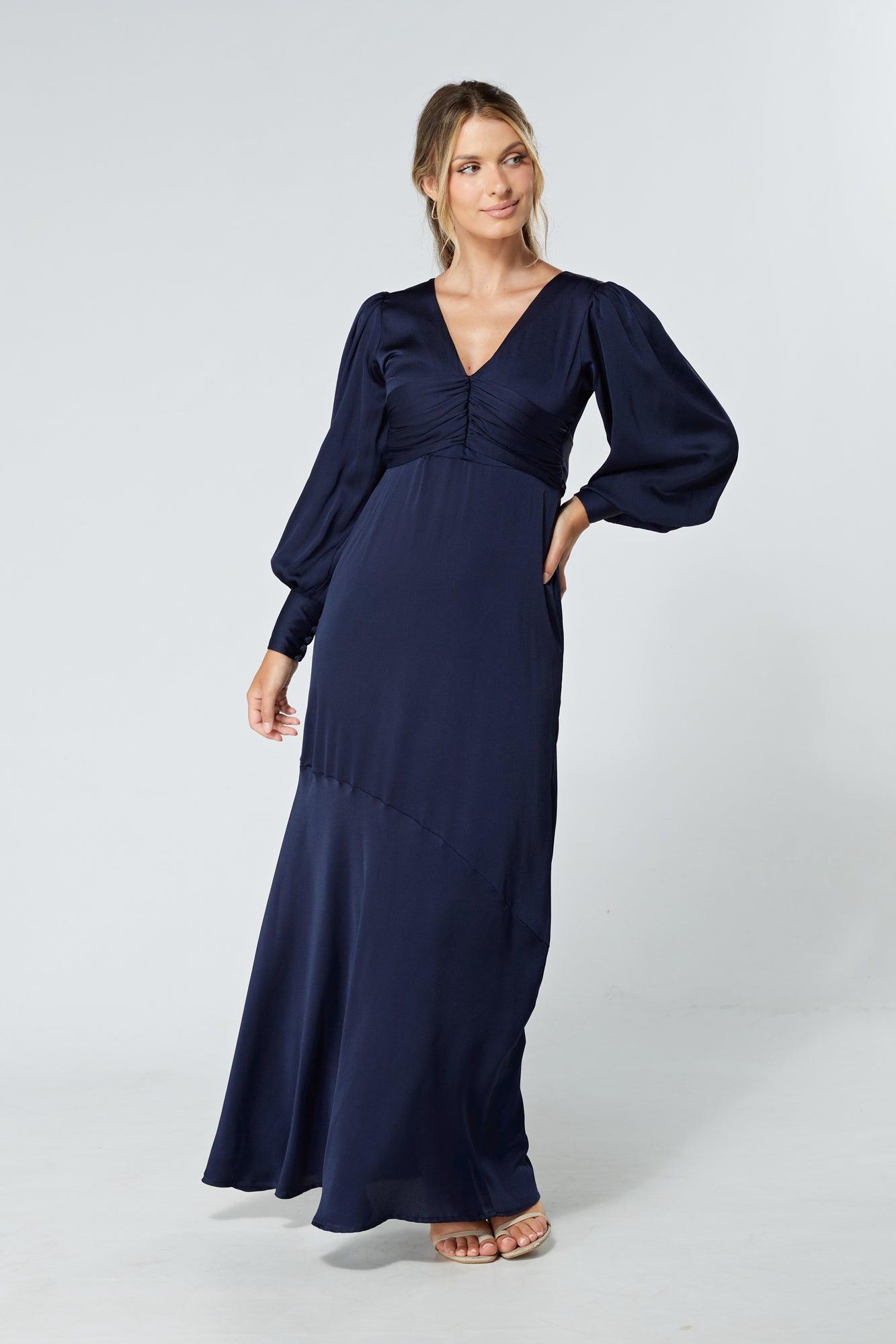 Naomi Navy Light Satin-Crepe Maxi Dress With Long Sleeves - TAHLIRA