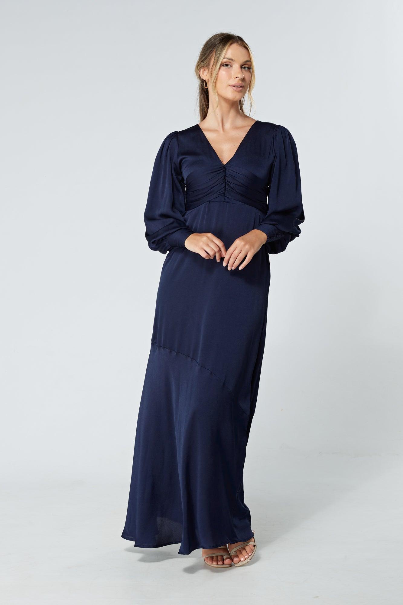 Naomi Navy Light Satin-Crepe Maxi Dress With Long Sleeves - TAHLIRA
