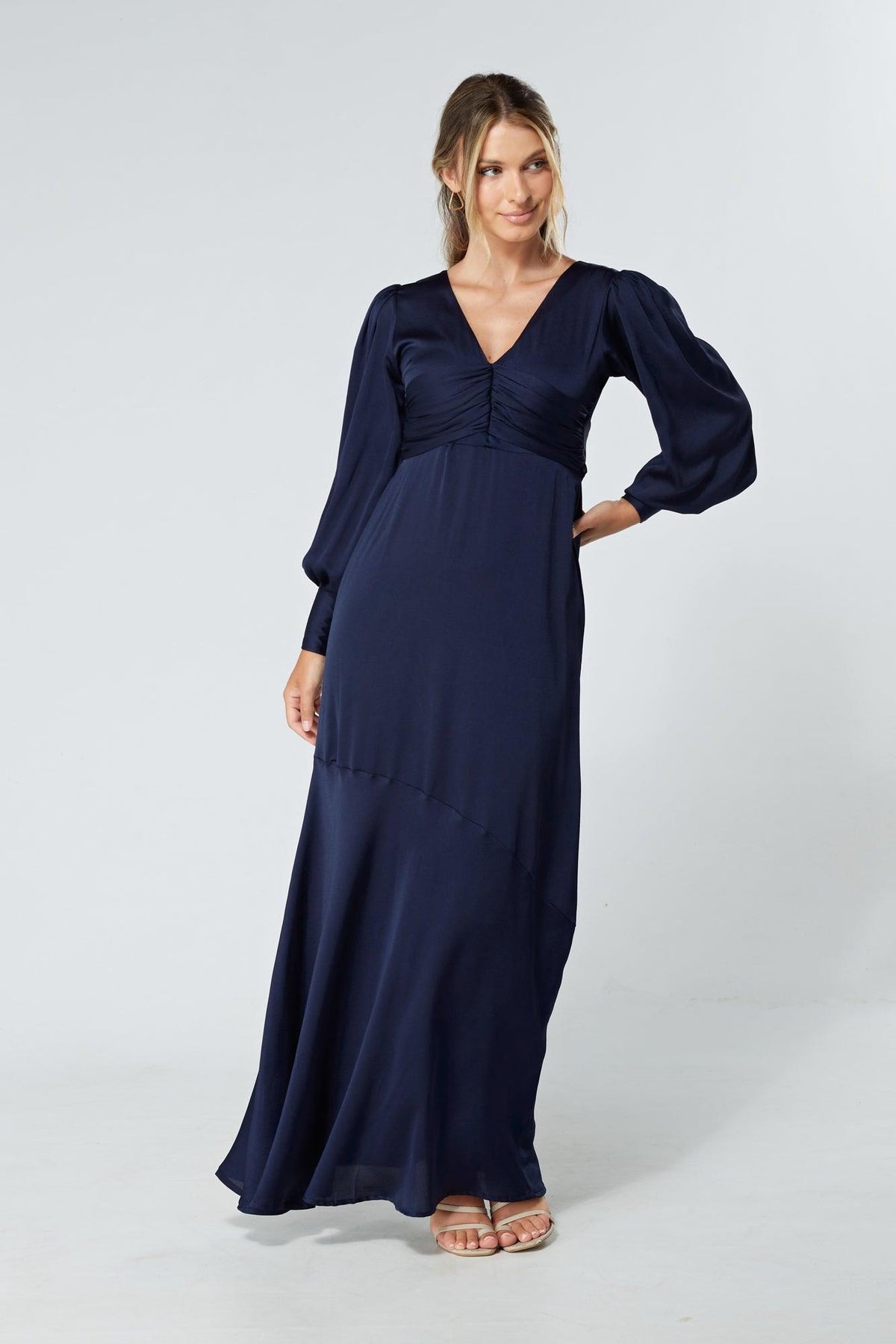 Naomi Navy Light Satin-Crepe Maxi Dress With Long Sleeves - TAHLIRA