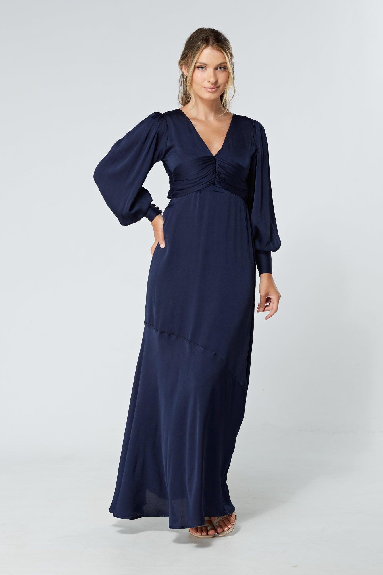 Naomi Navy Light Satin-Crepe Maxi Dress With Long Sleeves - TAHLIRA