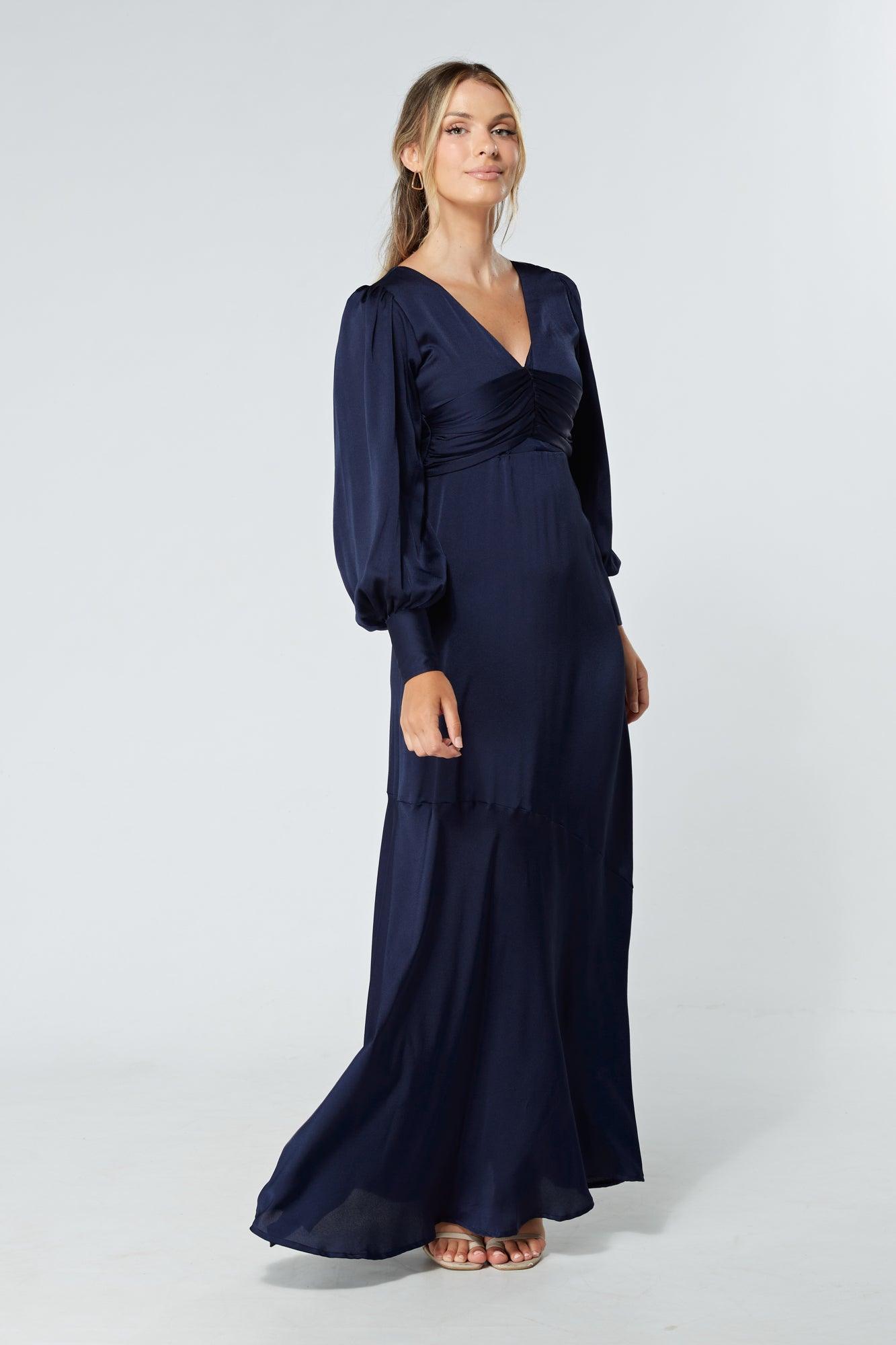 Naomi Navy Light Satin-Crepe Maxi Dress With Long Sleeves - TAHLIRA