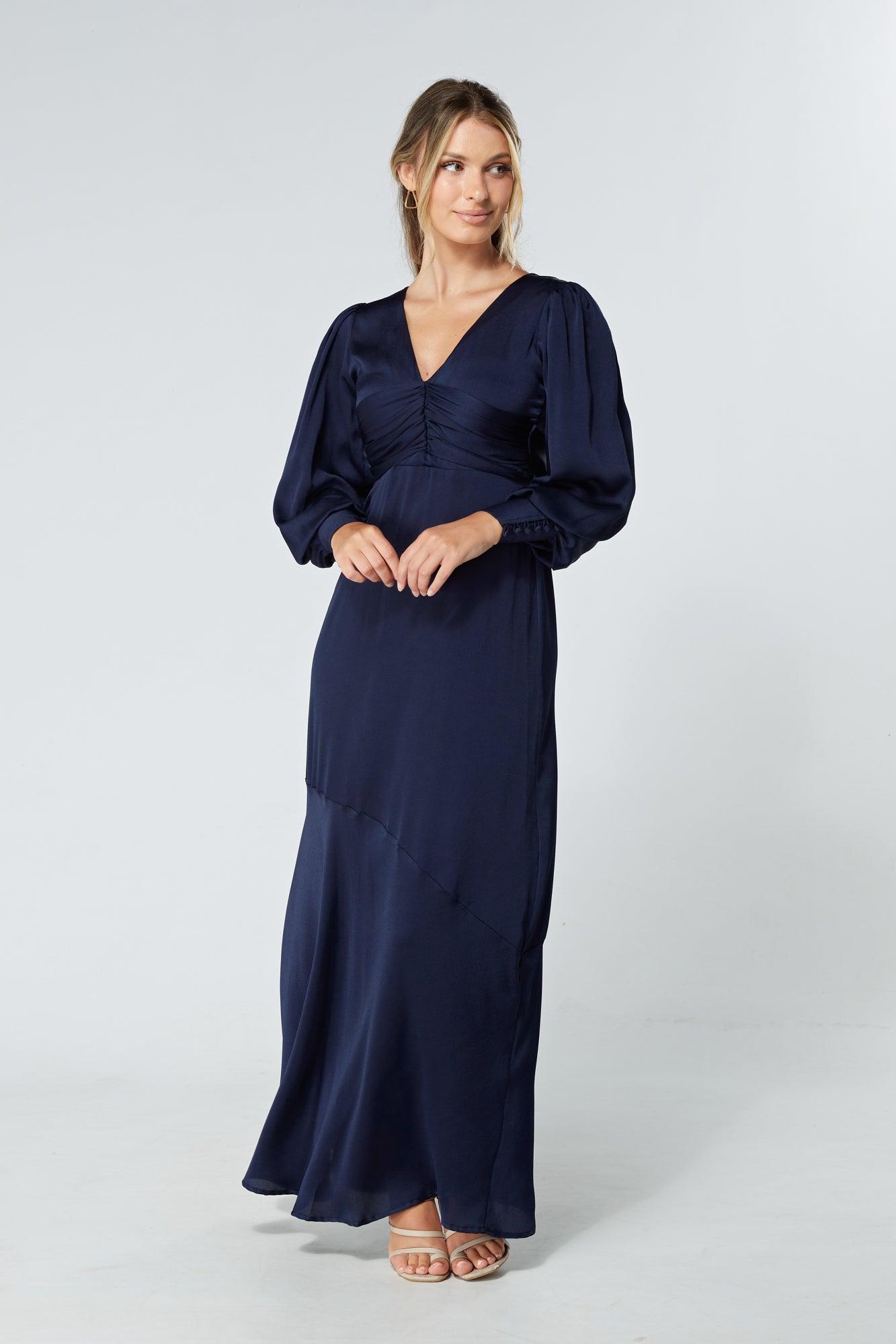 Naomi Navy Light Satin-Crepe Maxi Dress With Long Sleeves - TAHLIRA
