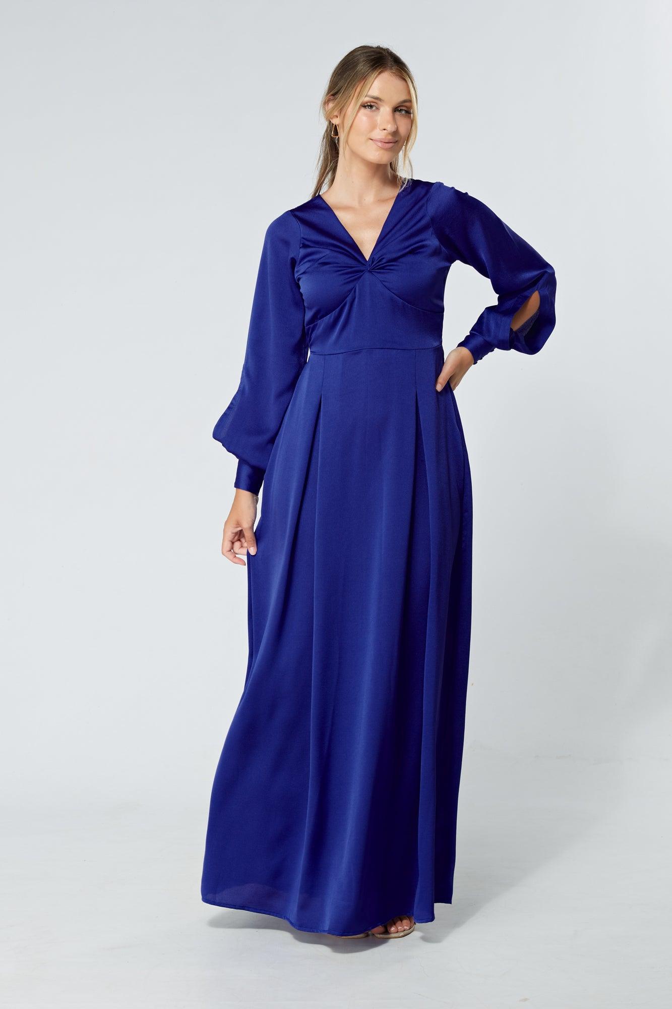 Delilah Cobalt Blue Satin-Feel Crepe Maxi Dress With Ruched Sleeves - TAHLIRA