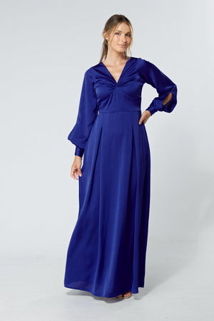 Delilah Cobalt Blue Satin-Feel Crepe Maxi Dress With Ruched Sleeves - TAHLIRA