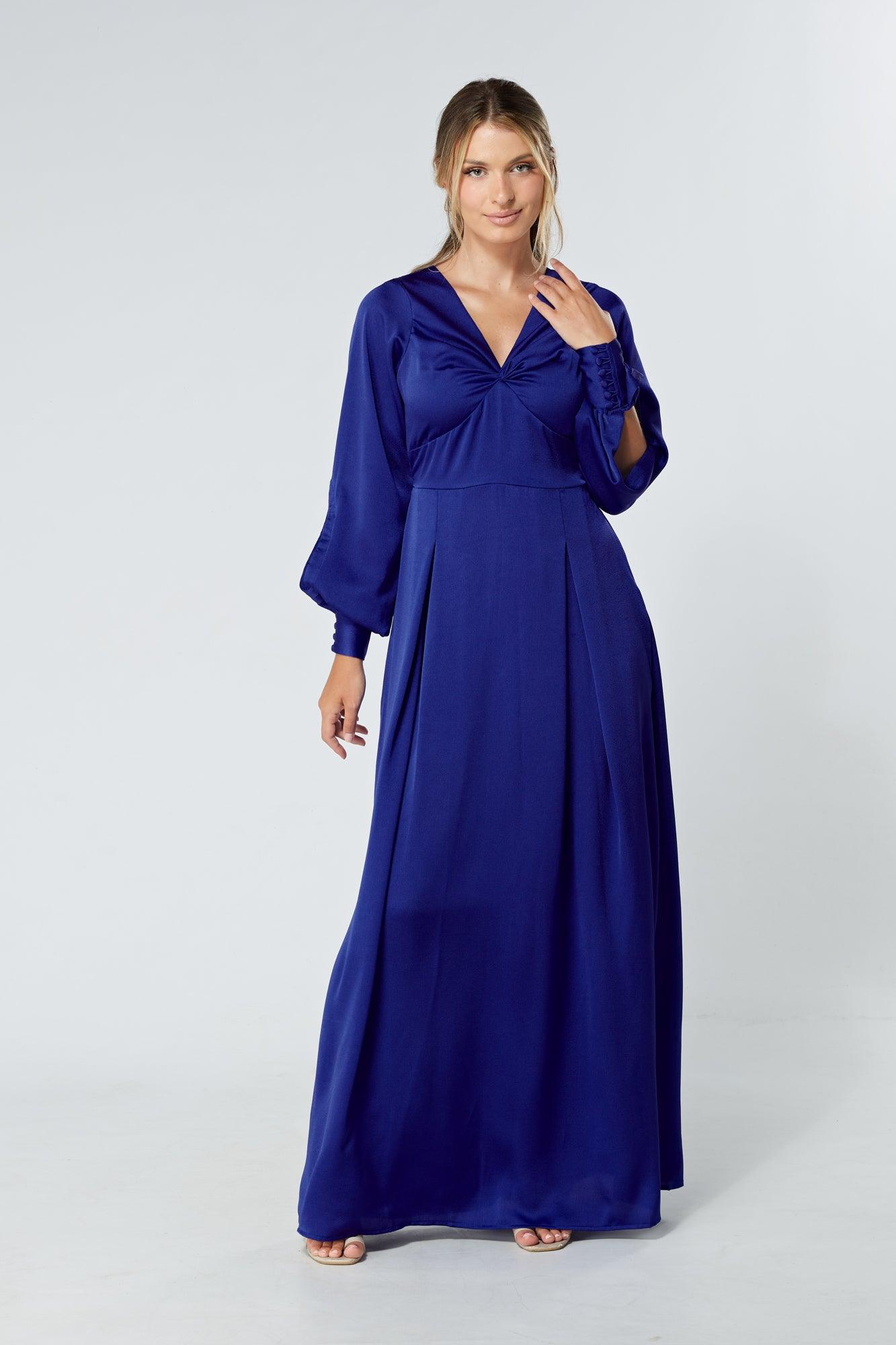 Delilah Cobalt Blue Satin-Feel Crepe Maxi Dress With Ruched Sleeves - TAHLIRA