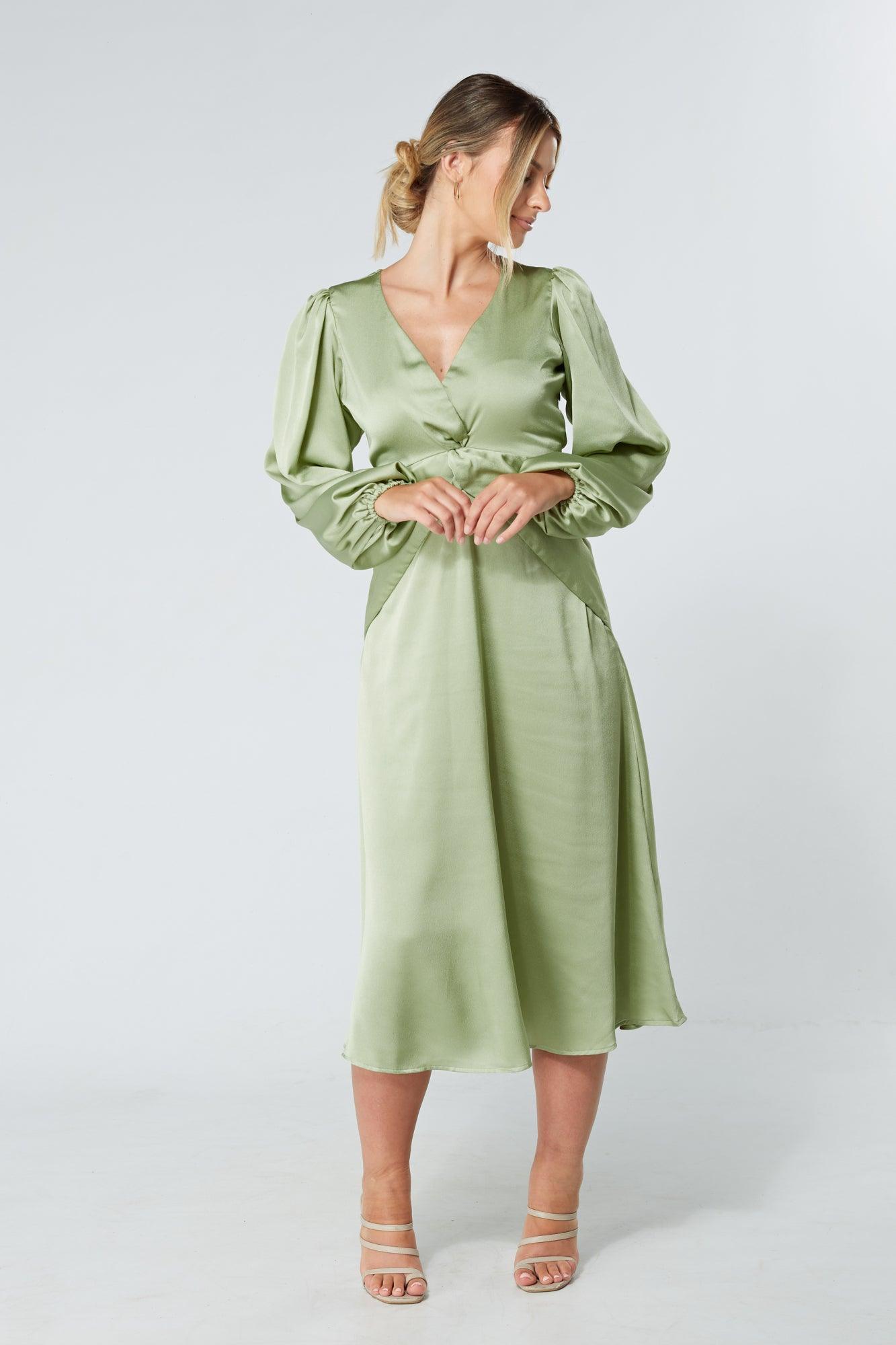 Calissa Olive Satin-feel Folded Body Midaxi Dress - TAHLIRA