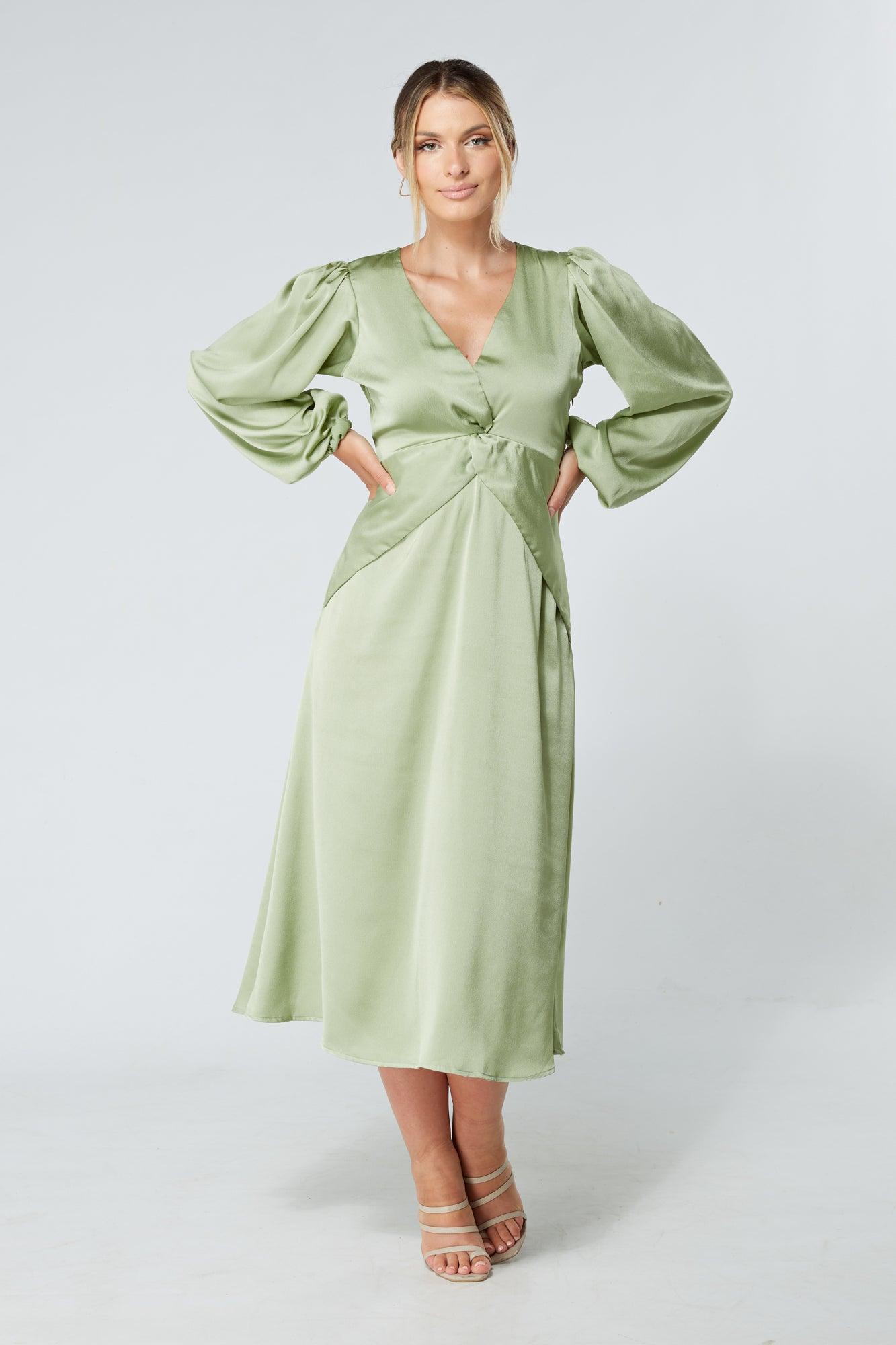 Calissa Olive Satin-feel Folded Body Midaxi Dress - TAHLIRA