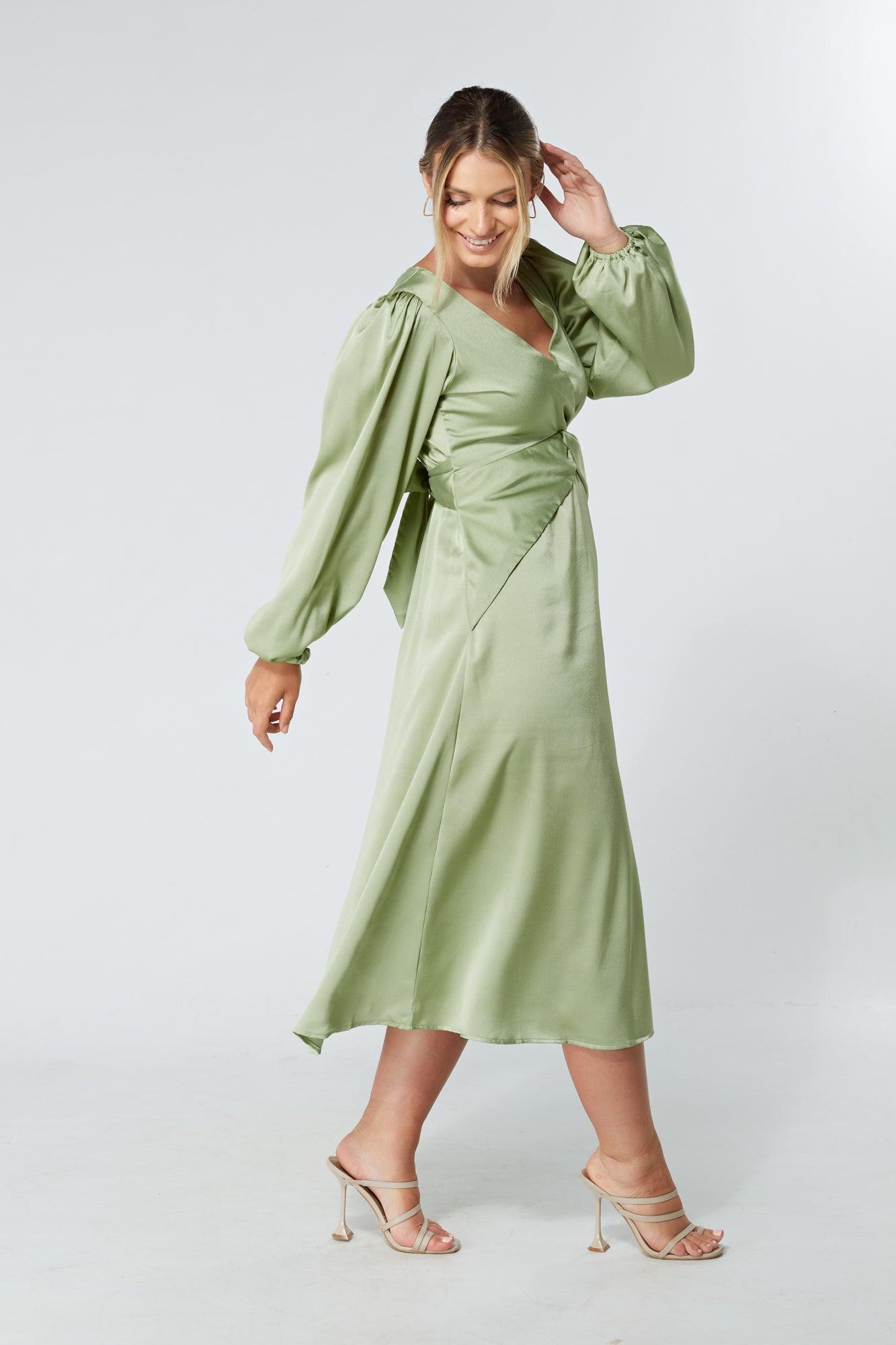 Calissa Olive Satin-feel Folded Body Midaxi Dress - TAHLIRA