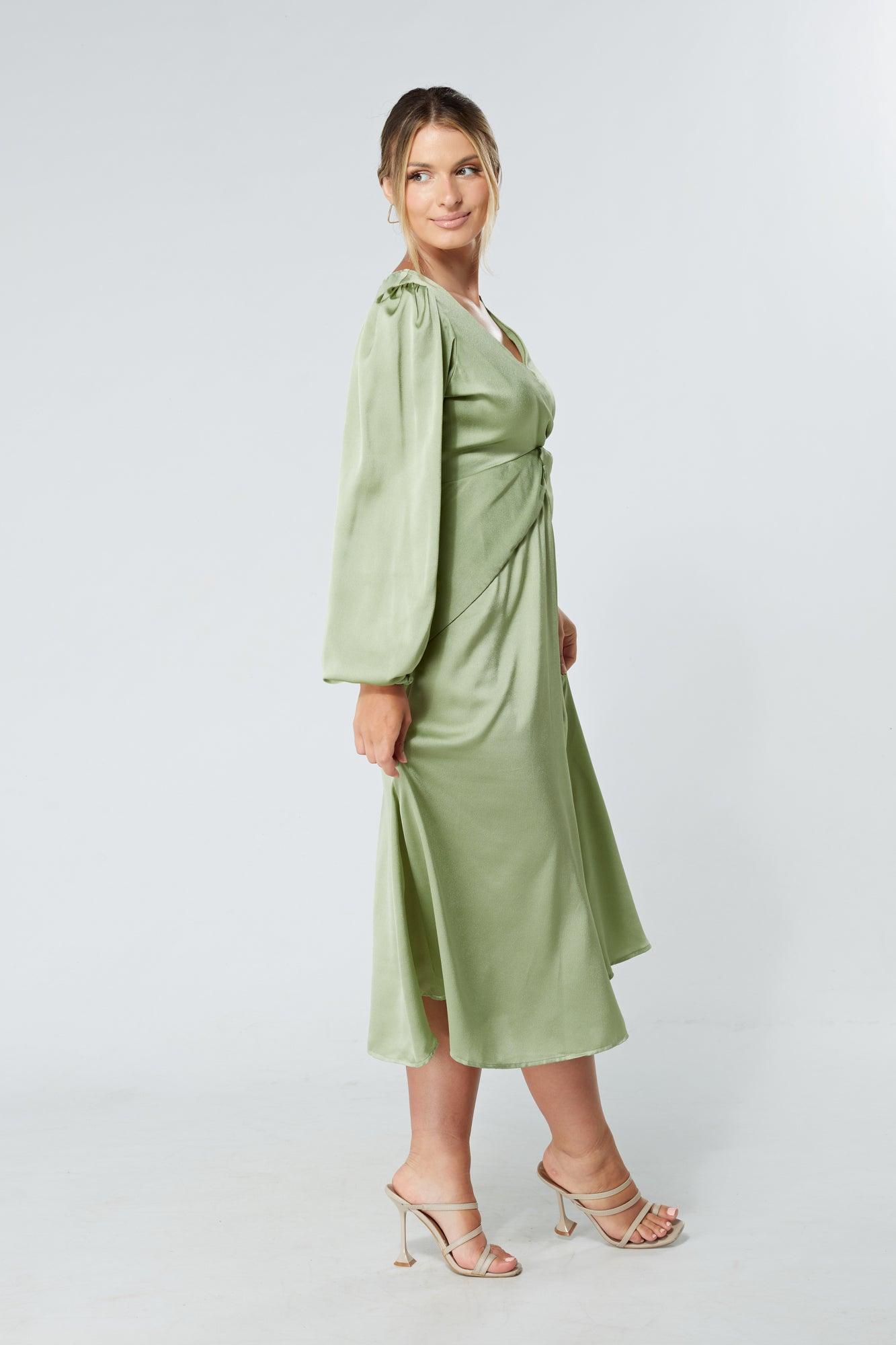 Calissa Olive Satin-feel Folded Body Midaxi Dress - TAHLIRA