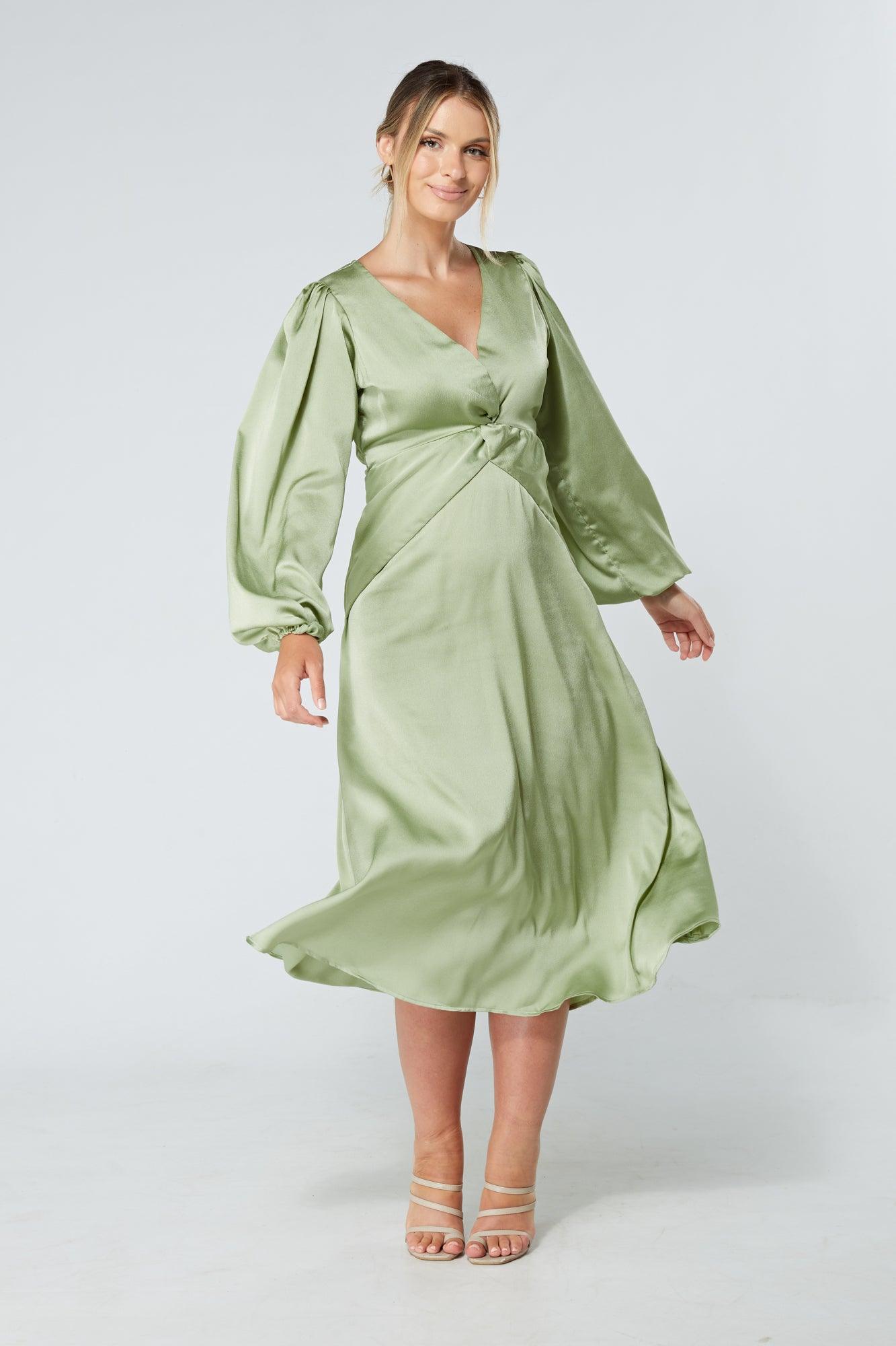 Calissa Olive Satin-feel Folded Body Midaxi Dress - TAHLIRA