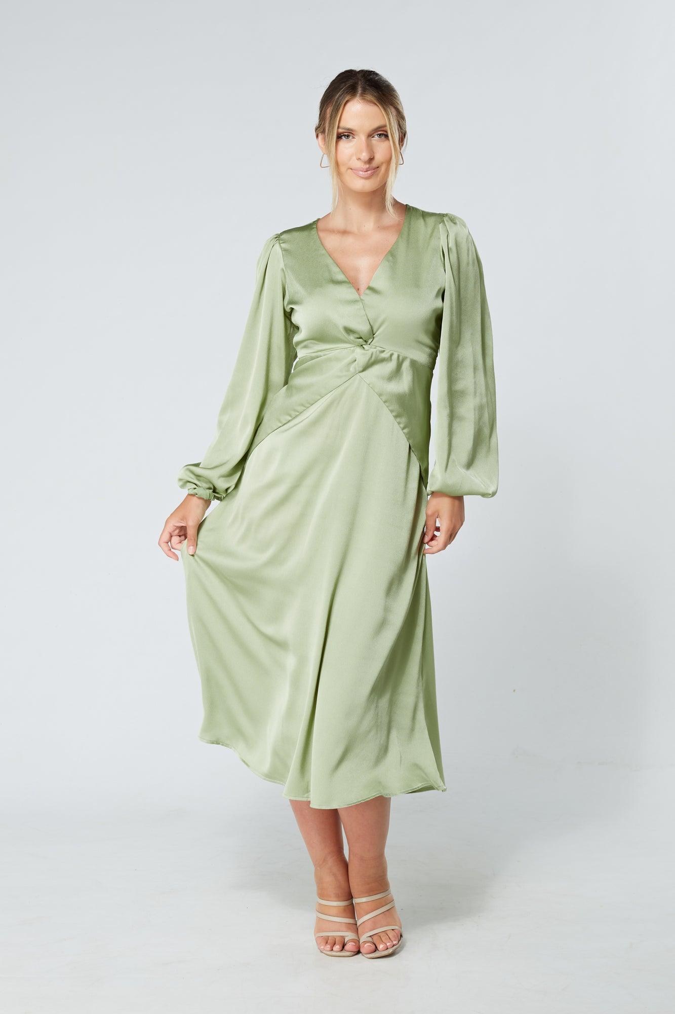 Calissa Olive Satin-feel Folded Body Midaxi Dress - TAHLIRA