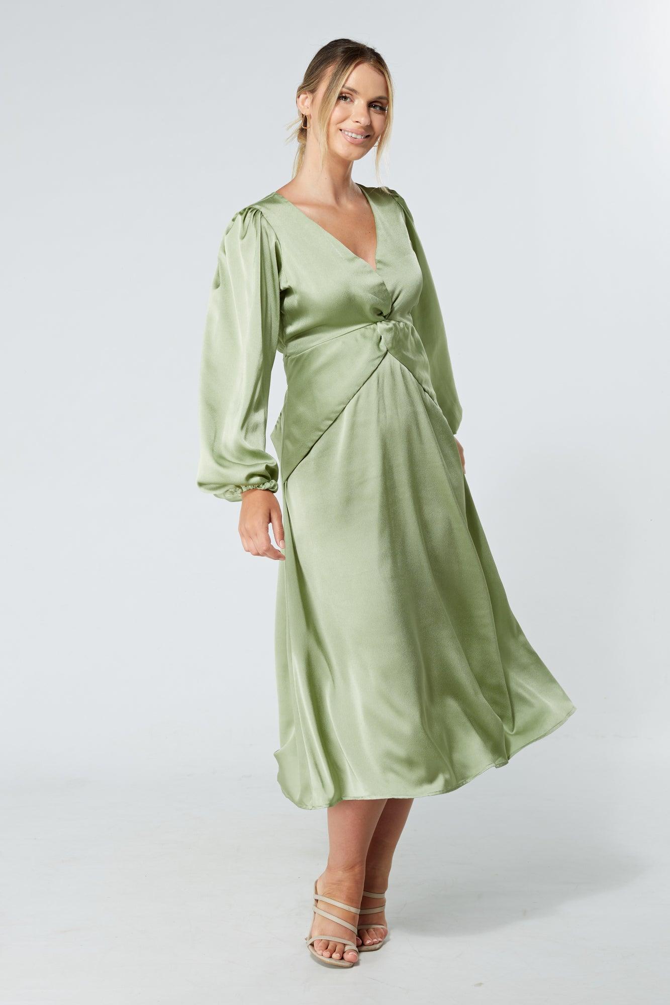 Calissa Olive Satin-feel Folded Body Midaxi Dress - TAHLIRA