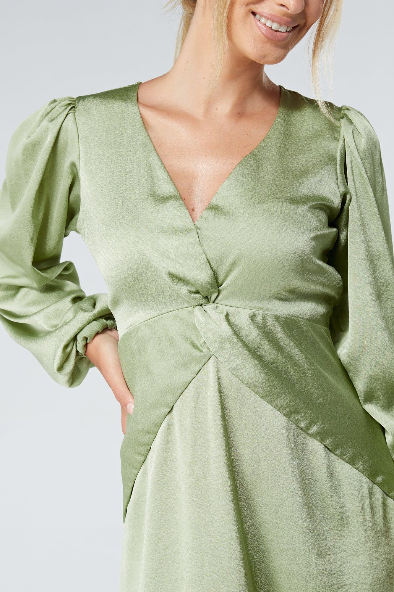 Calissa Olive Satin-feel Folded Body Midaxi Dress - TAHLIRA