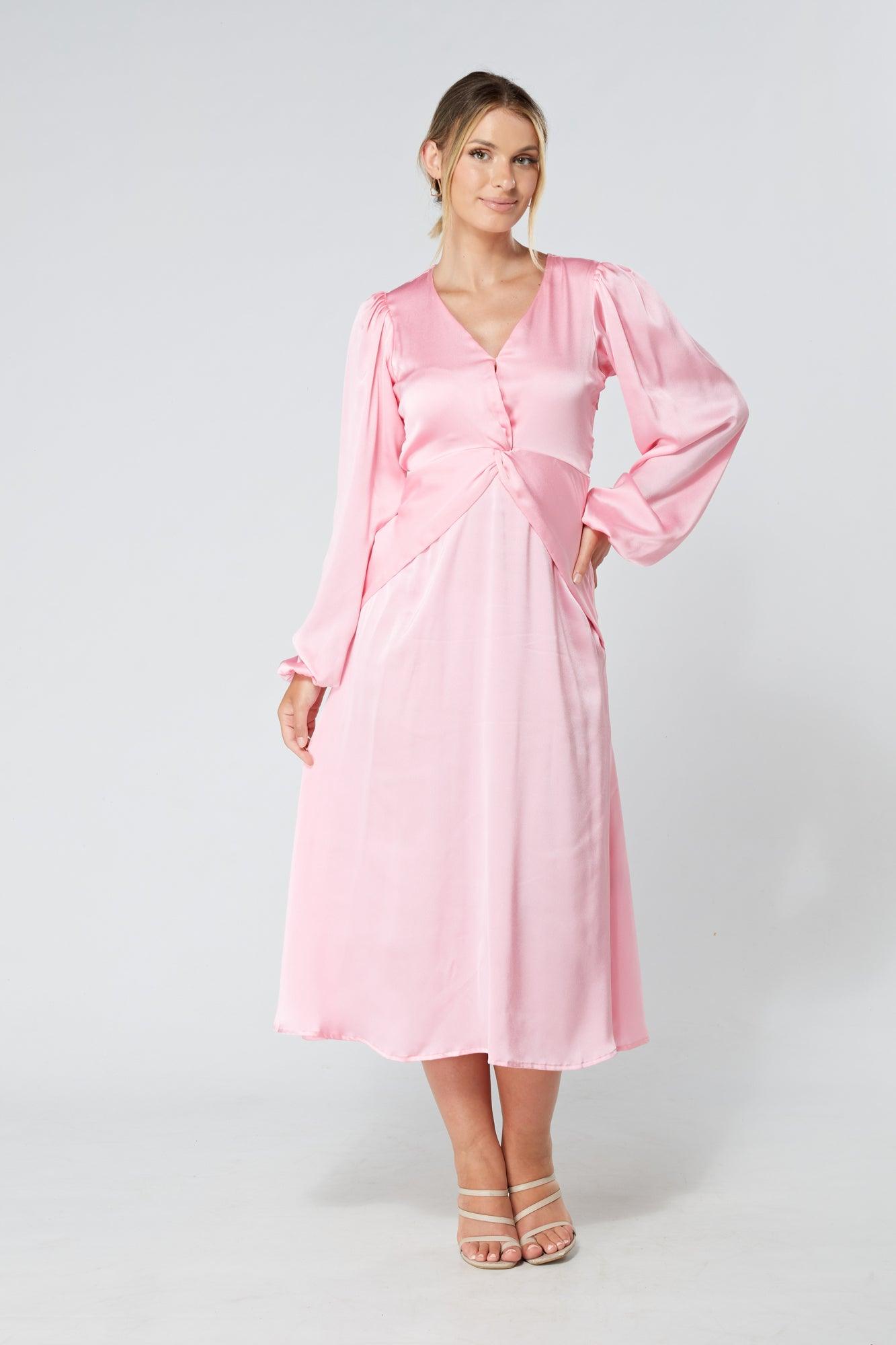 Calissa Light Pink Satin-feel Folded Body Midaxi Dress - TAHLIRA