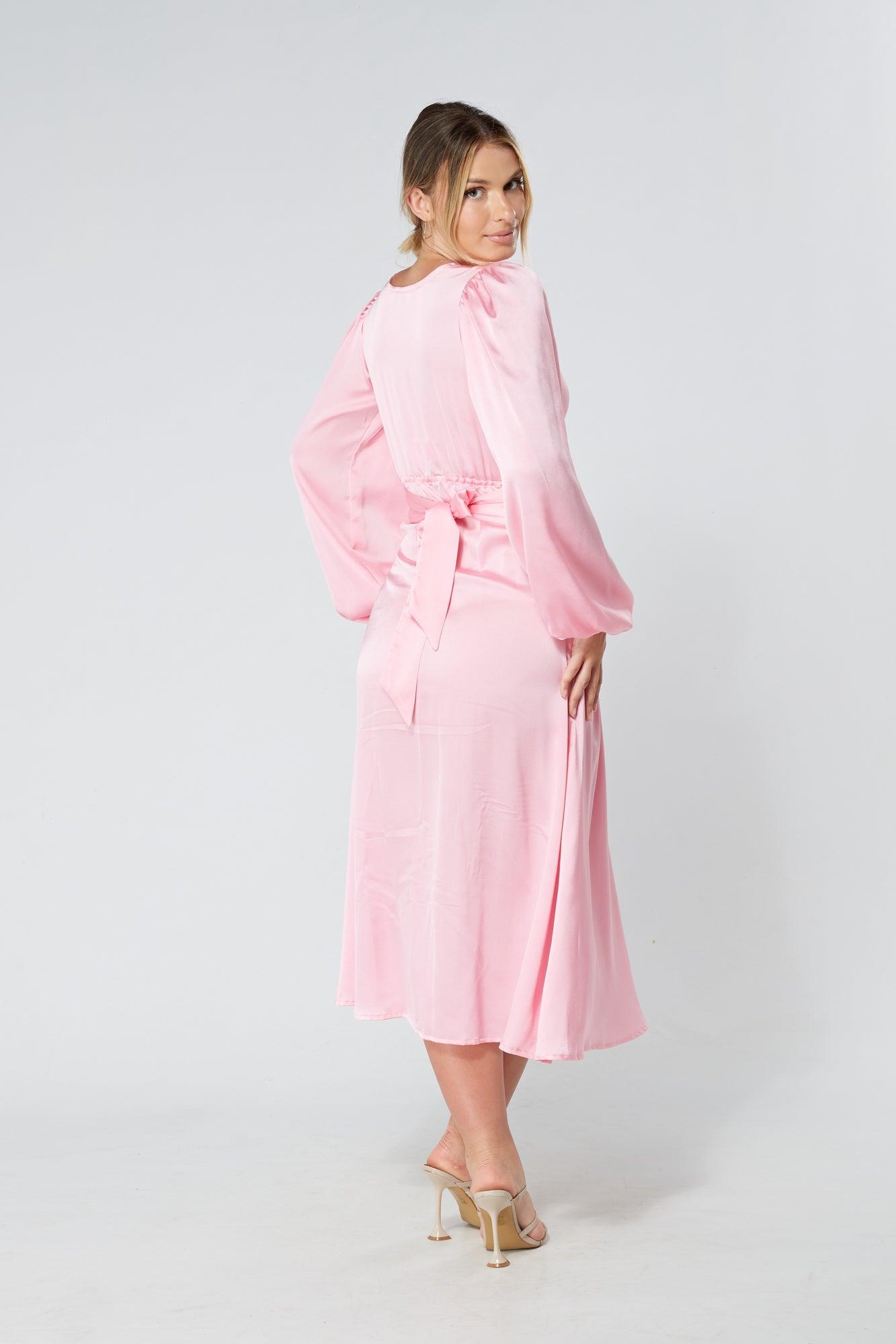 Calissa Light Pink Satin-feel Folded Body Midaxi Dress - TAHLIRA