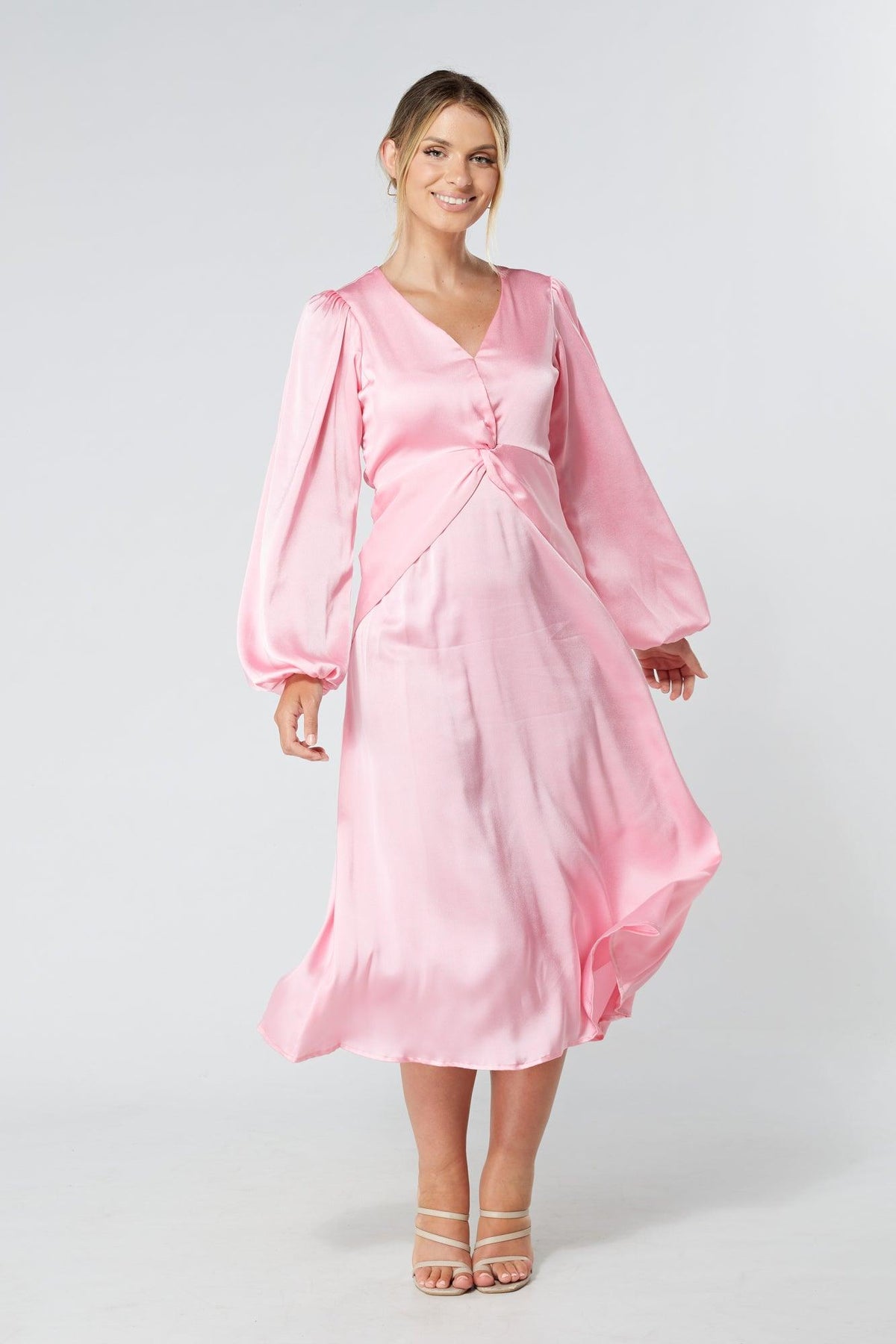 Calissa Light Pink Satin-feel Folded Body Midaxi Dress - TAHLIRA