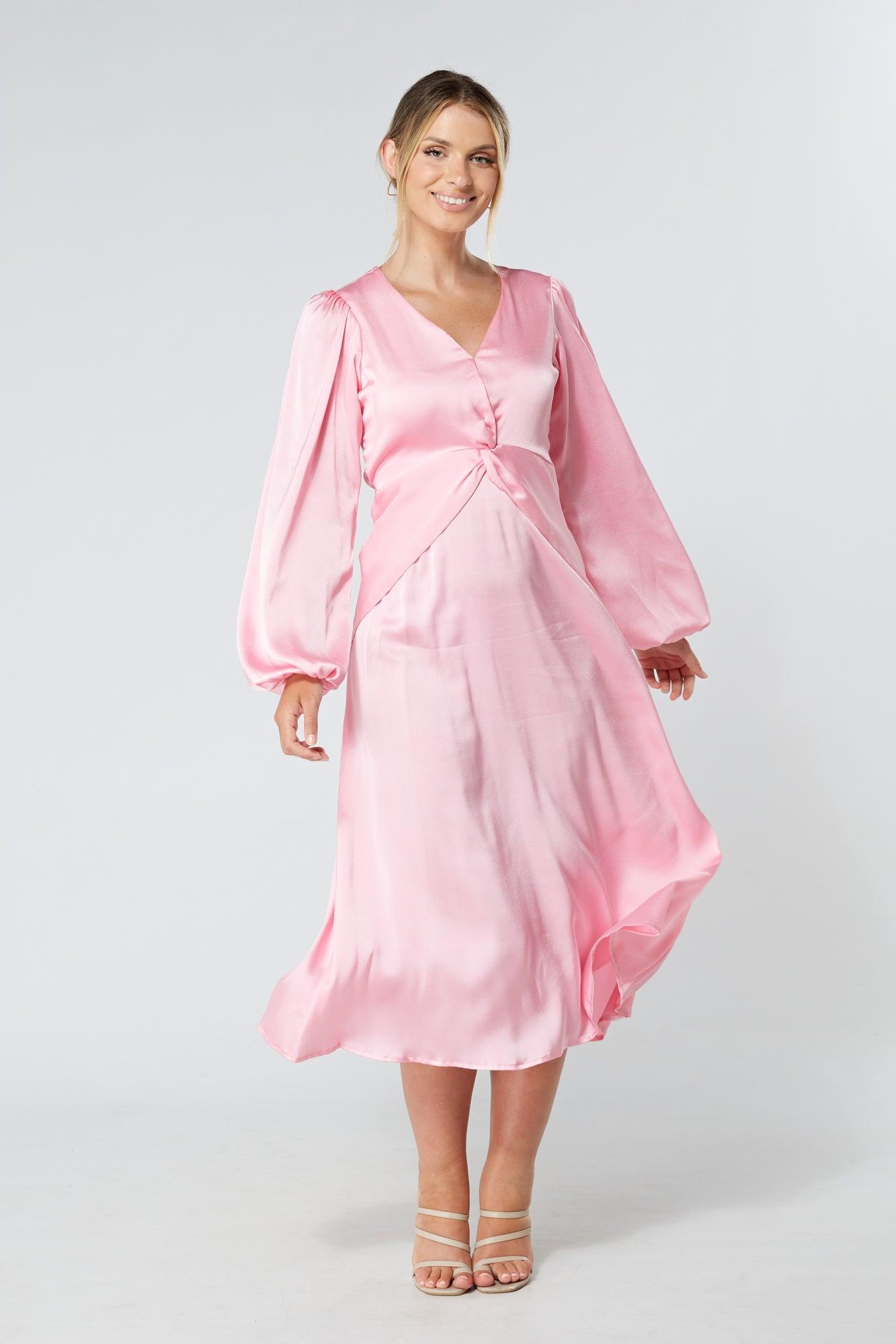 Calissa Light Pink Satin-feel Folded Body Midaxi Dress - TAHLIRA