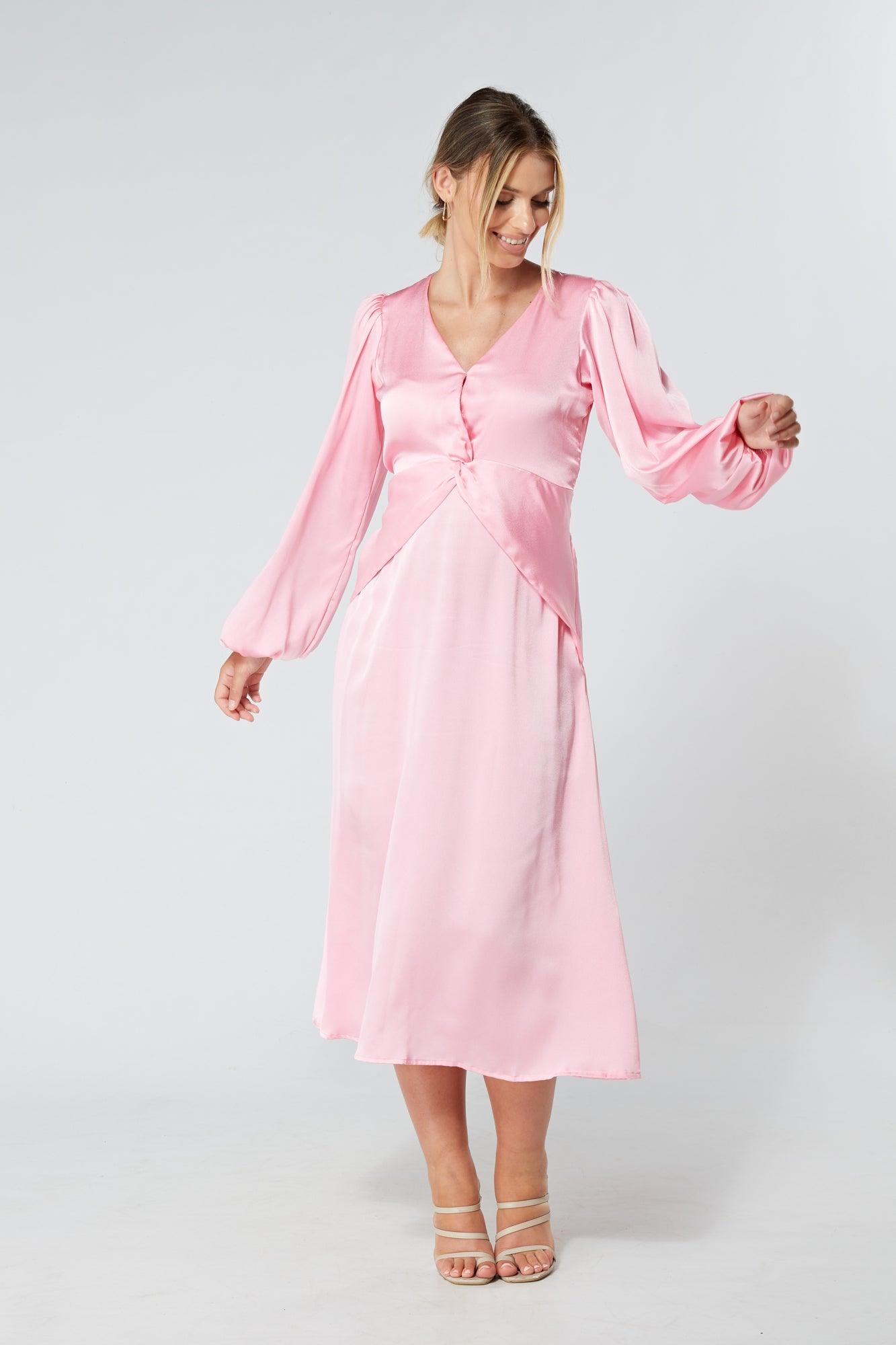 Calissa Light Pink Satin-feel Folded Body Midaxi Dress - TAHLIRA