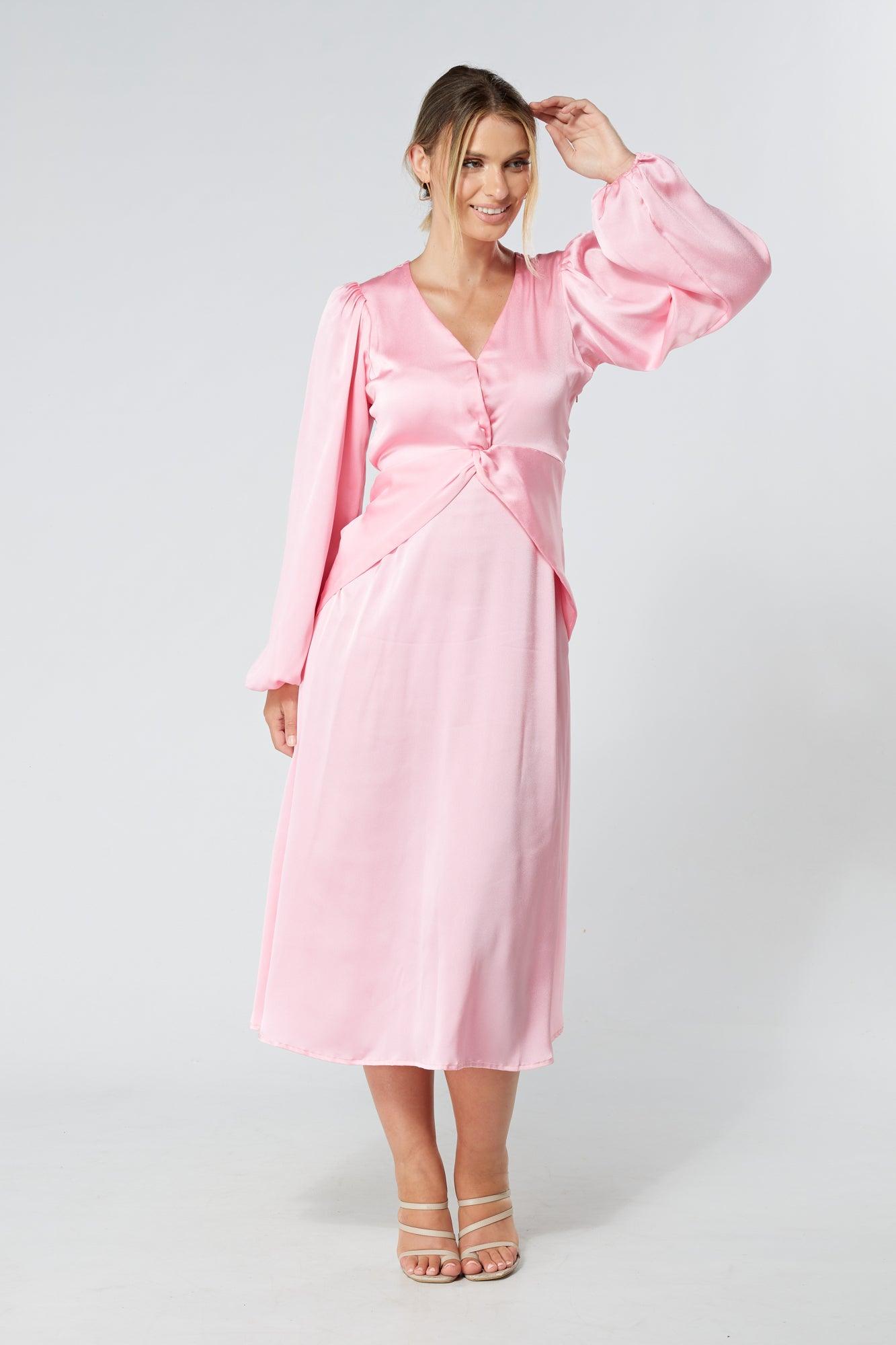 Calissa Light Pink Satin-feel Folded Body Midaxi Dress - TAHLIRA