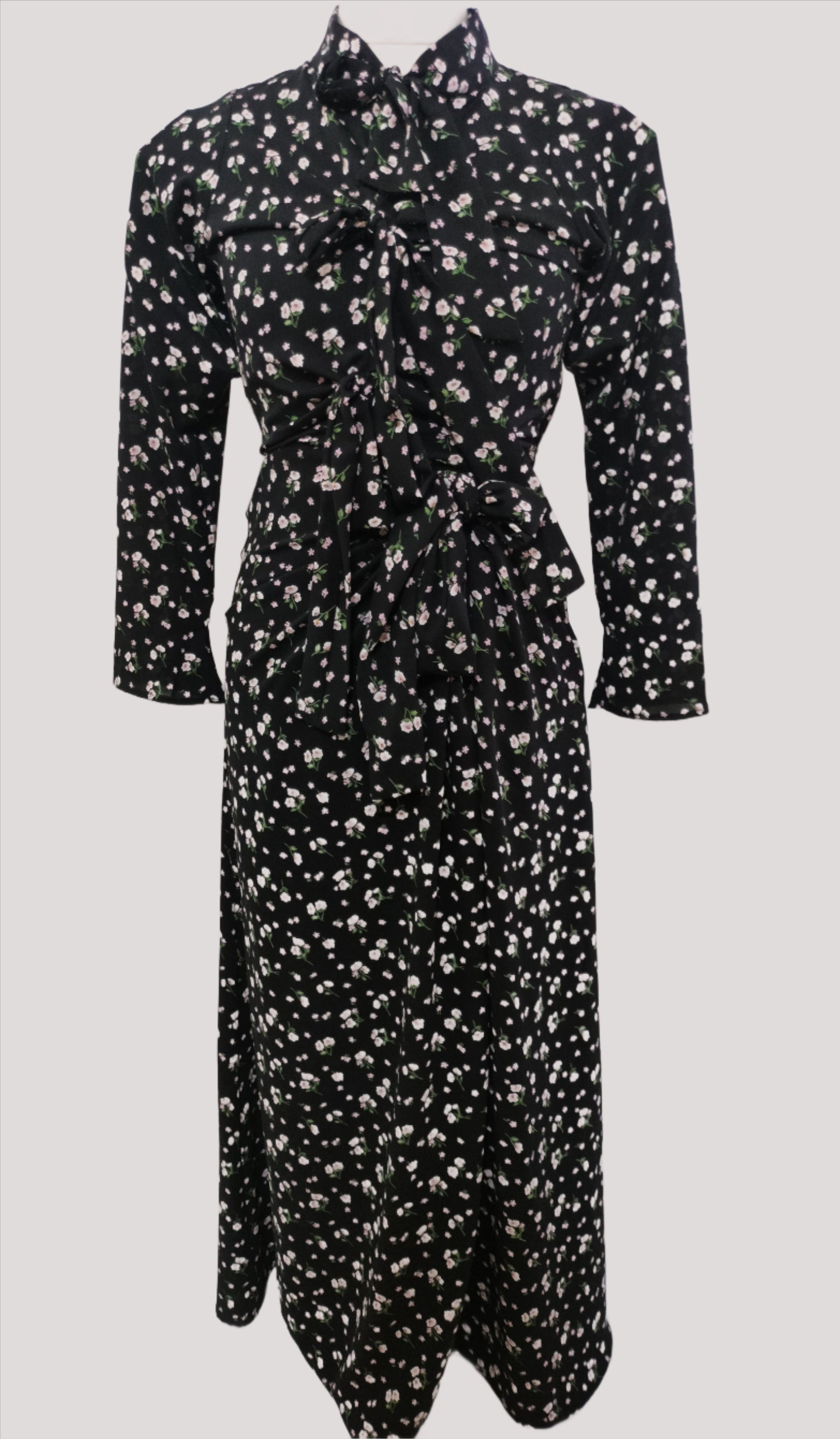 Priscilla Front Ties Black Floral Maxi Dress with Long Sleeves