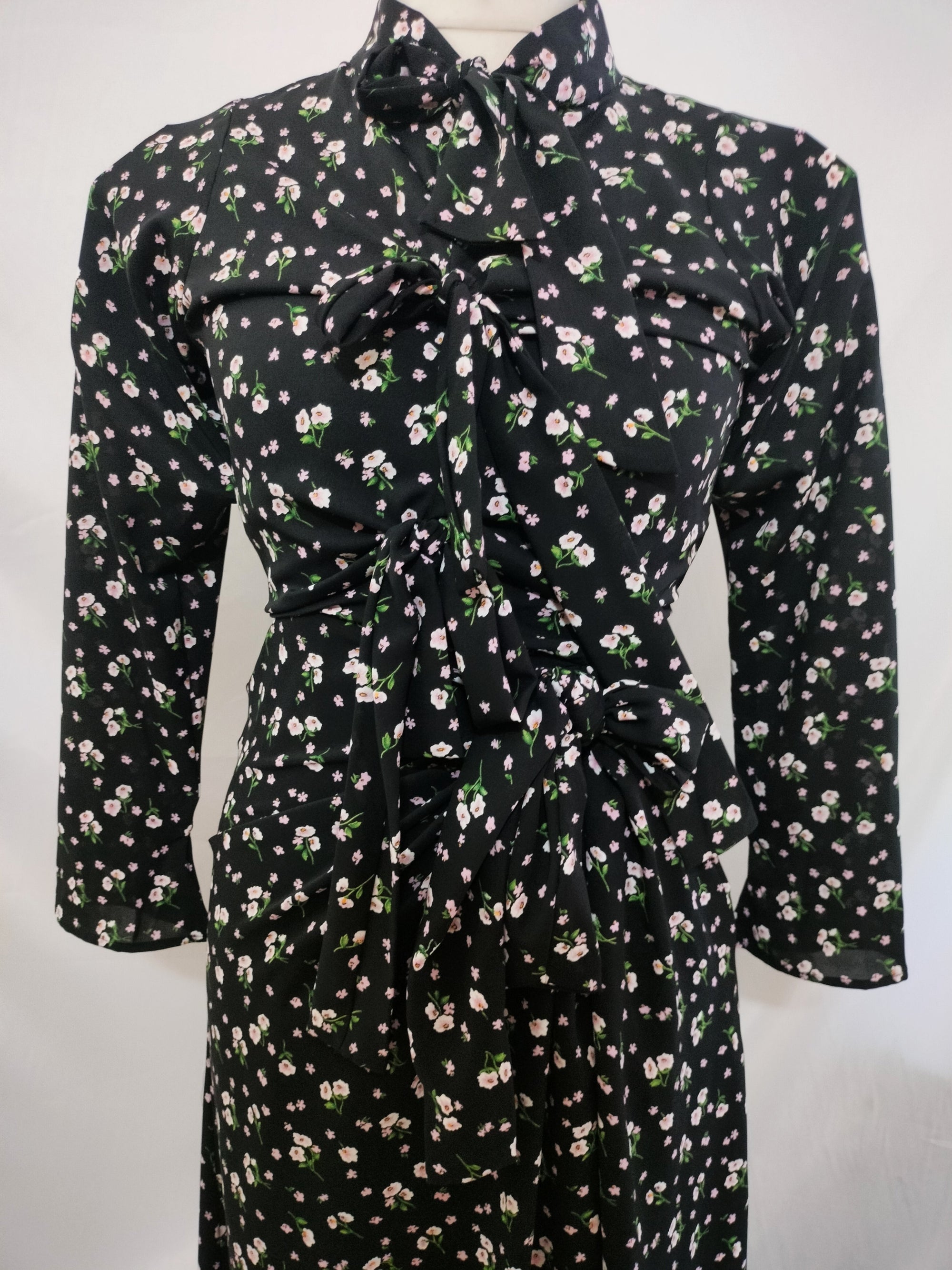 Priscilla Front Ties Black Floral Maxi Dress with Long Sleeves