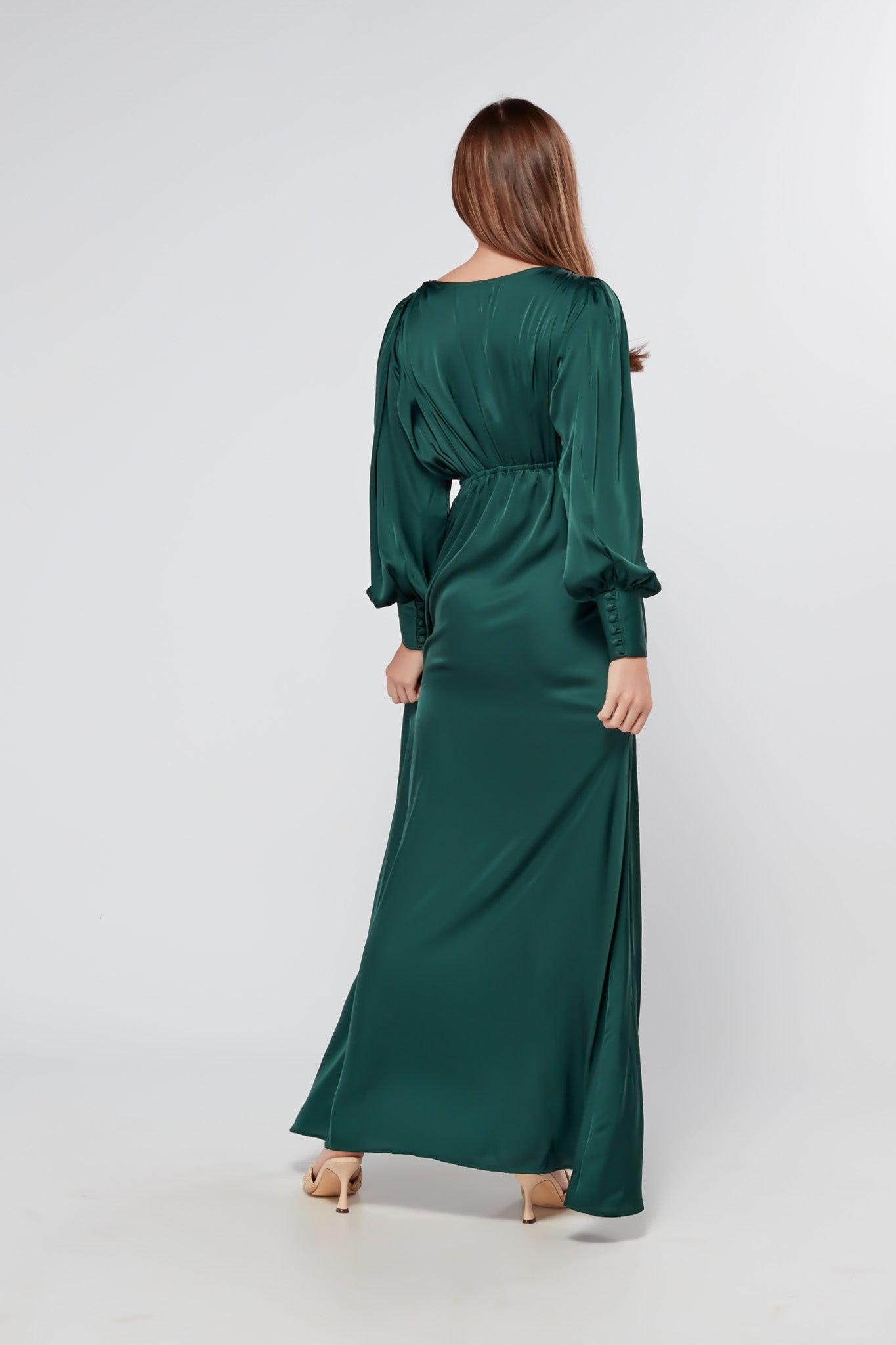 Layla Emerald Green Satin Maxi Dress With Long Sleeves - TAHLIRA