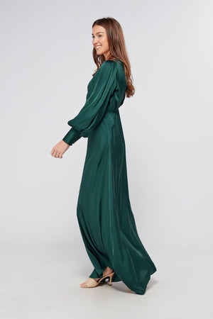Layla Emerald Green Satin Maxi Dress With Long Sleeves - TAHLIRA