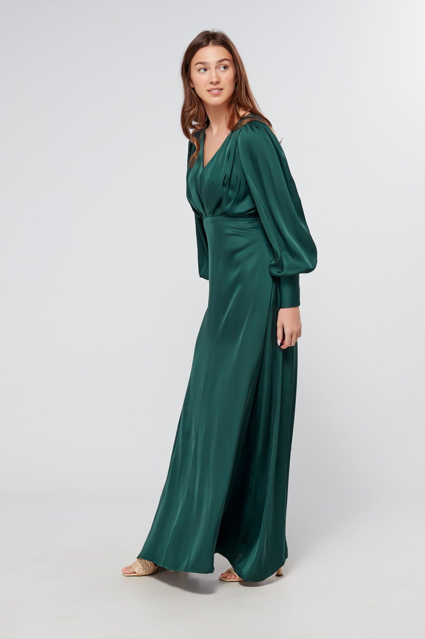 Layla Emerald Green Satin Maxi Dress With Long Sleeves - TAHLIRA