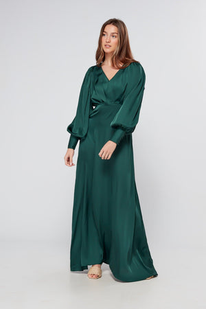 Layla Emerald Green Satin Maxi Dress With Long Sleeves - TAHLIRA