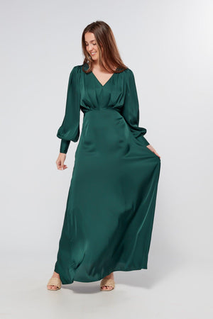 Layla Emerald Green Satin Maxi Dress With Long Sleeves - TAHLIRA