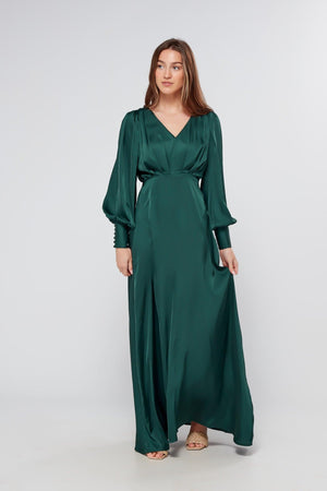 Layla Emerald Green Satin Maxi Dress With Long Sleeves - TAHLIRA
