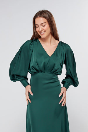 Layla Emerald Green Satin Maxi Dress With Long Sleeves - TAHLIRA