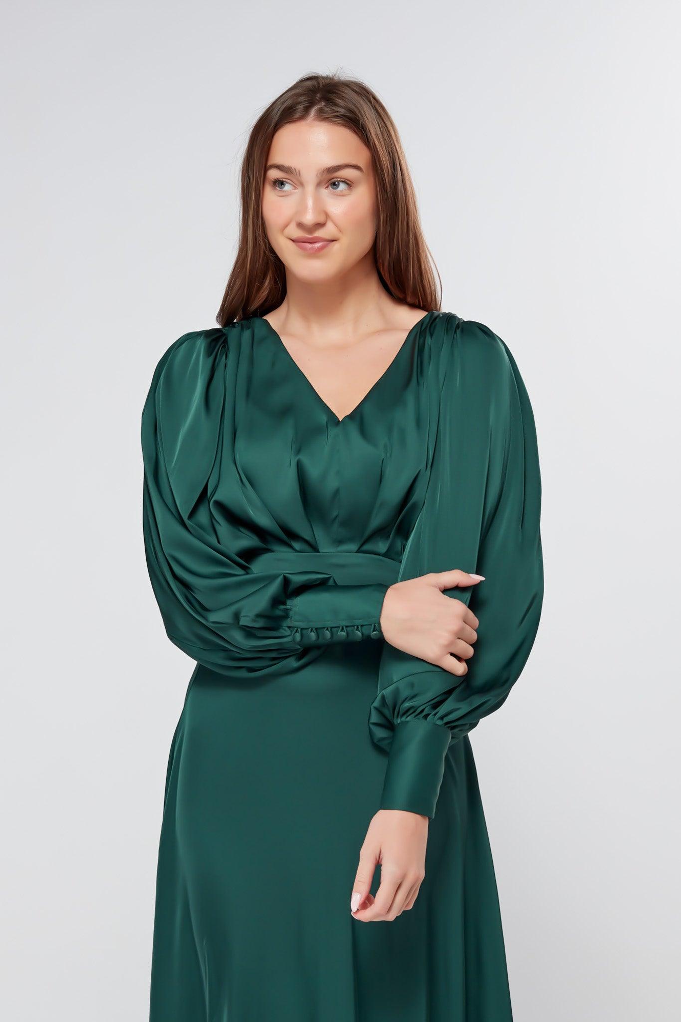 Layla Emerald Green Satin Maxi Dress With Long Sleeves - TAHLIRA