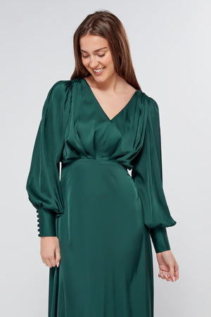 Layla Emerald Green Satin Maxi Dress With Long Sleeves - TAHLIRA