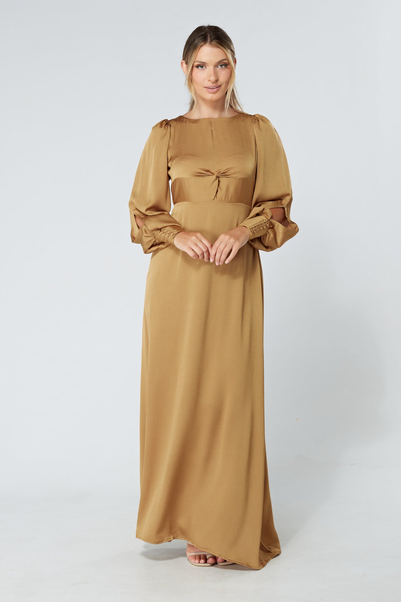 Lila Gold Knotted Front Soft Crepe Maxi Dress