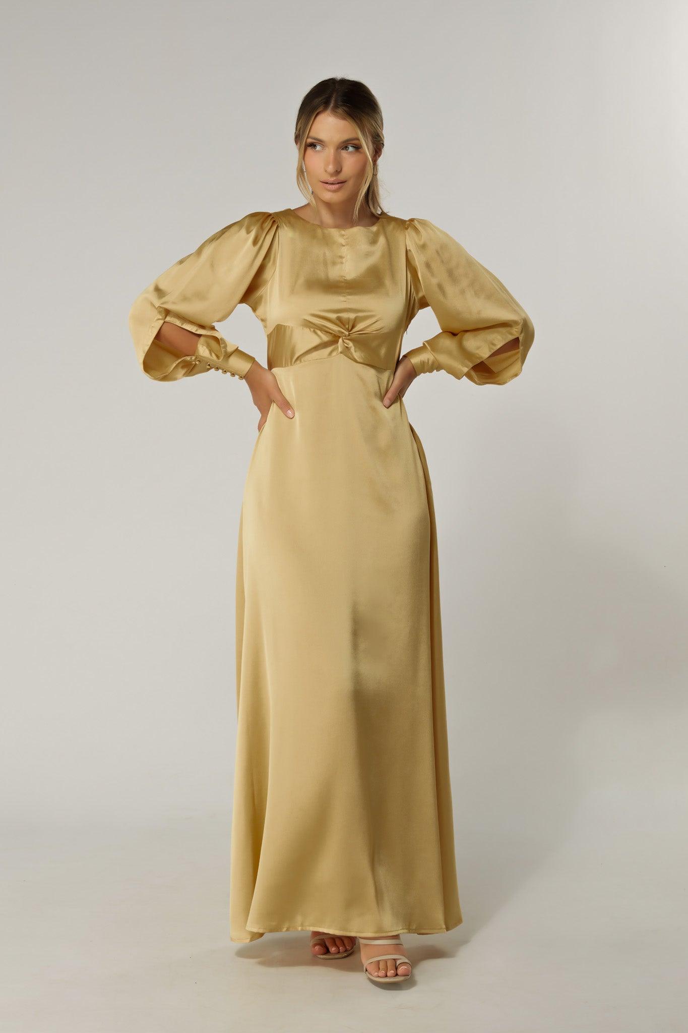 Lila Light Gold Knotted Front Soft Crepe Maxi Dress - TAHLIRA